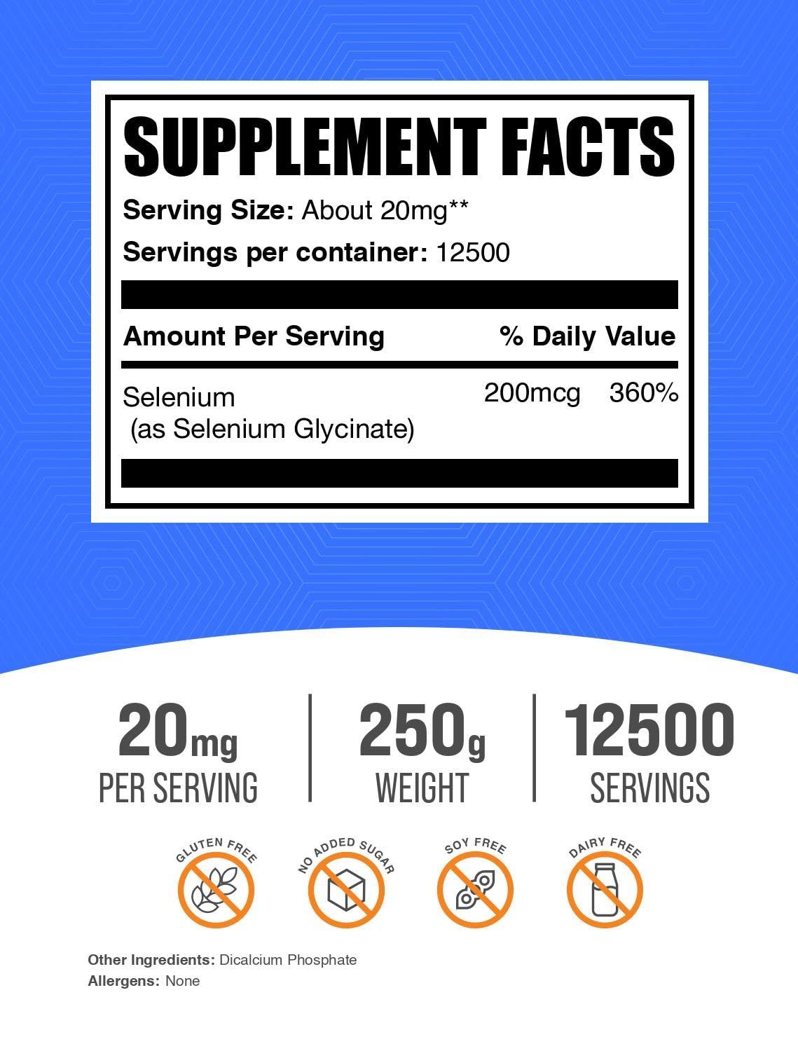 BulkSupplements BulkSupplements.com Selenium Glycinate Powder - Selenium 200mcg, Mineral Supplement - Essential Trace Mineral & Gluten Free, 20mg per Serving, 250g (8.8 oz) (Pack of 1)
