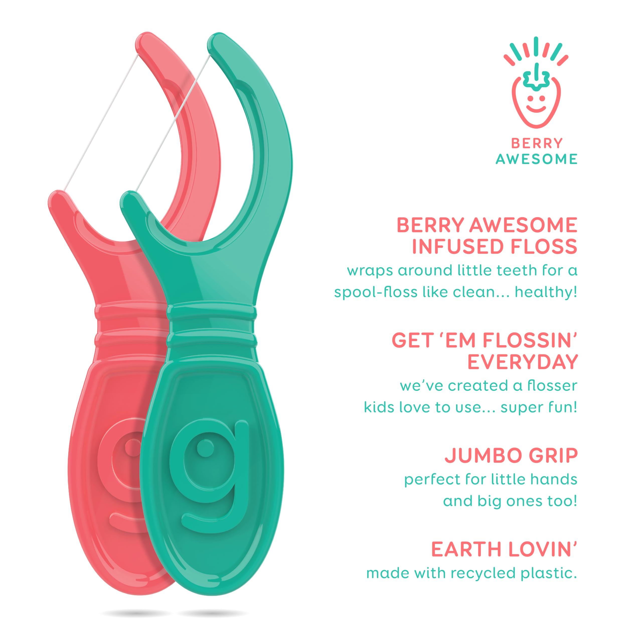 Grin GRIN Kiddo Flossers, Berry Awesome Flavor, Recycled Plastic, Jumbo Grip, Get Your KIDDOS Flossin Early, Larger Floss Head, Child Safe! 80 Count, Floss Picks, Dental Flossers (Pack of 2)