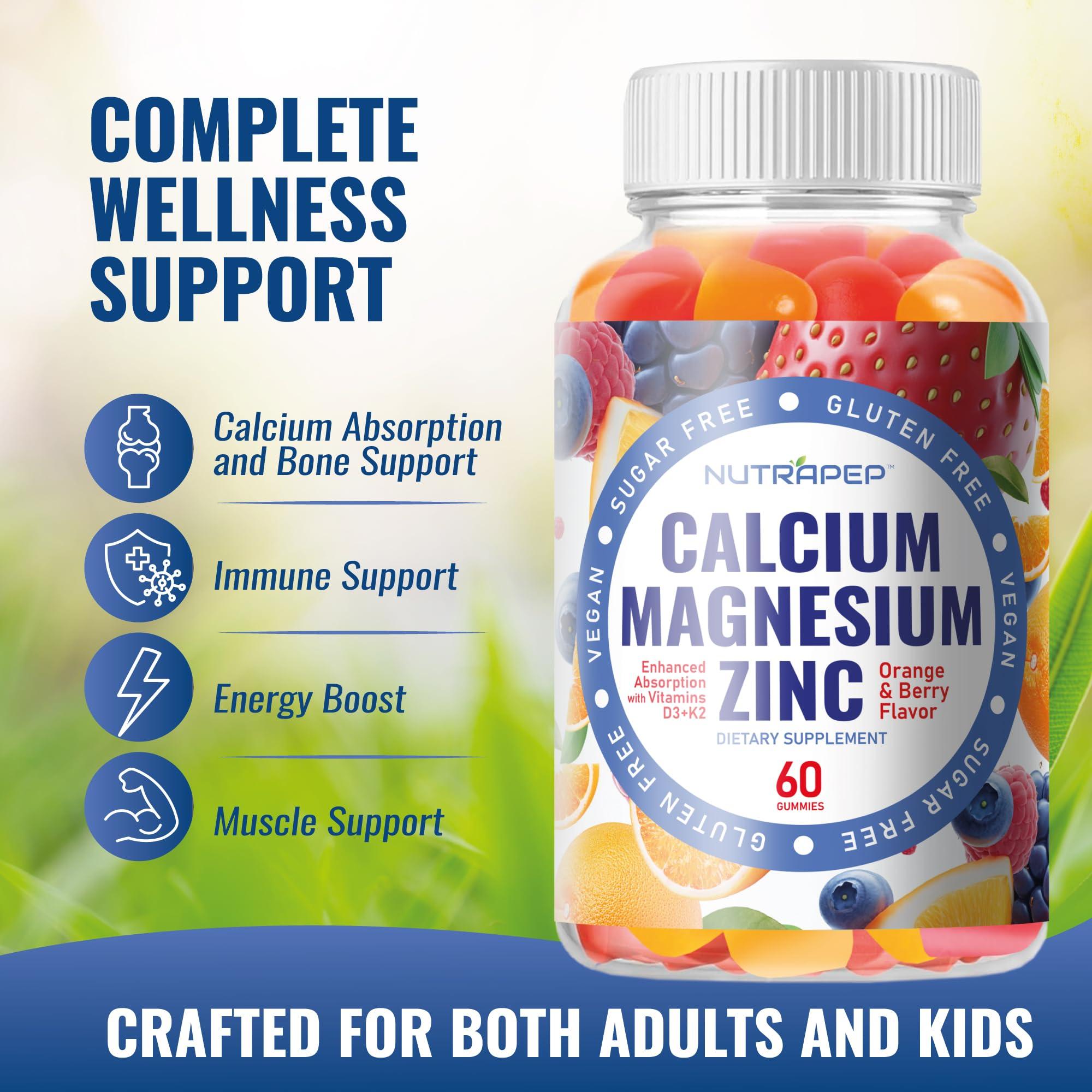 NutraPep Calcium Magnesium Zinc Supplement Gummies - with Vitamin D3 K2 Magnesium Glycinate - Orange Berry Flavored Vegan Sugar-Free Gluten Free Chewable for Men Women Kids