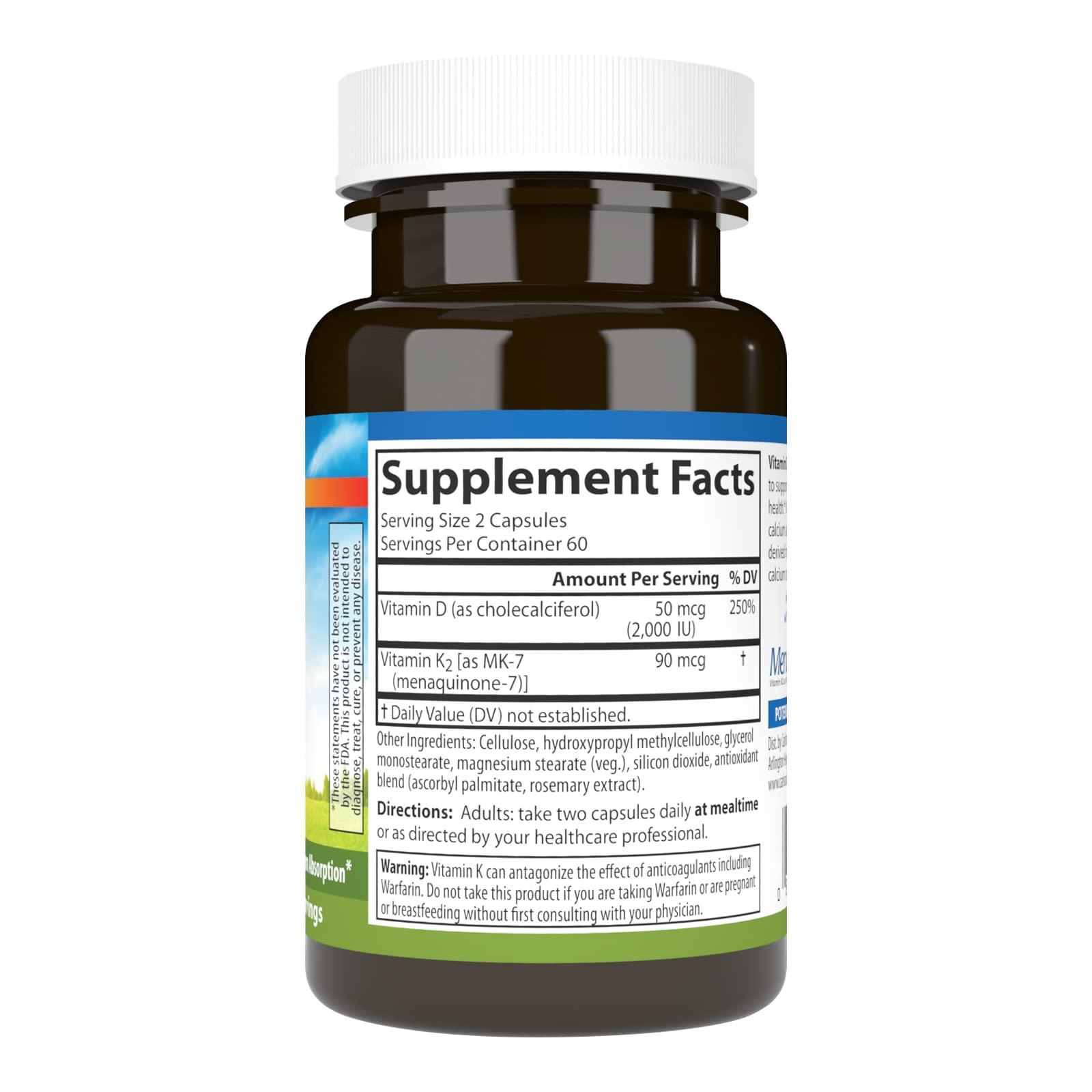 Carlson Carlson - Vitamin D3 + K2, 50 mcg (2000 IU) Vitamin D3 & 90 mcg Vitamin K2 as MK7, Bone Support, Calcium Absorption, 120 Capsules