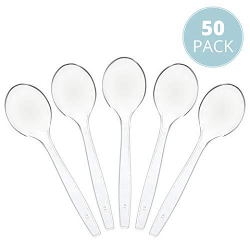 PLASTICPRO Plasticpro Disposable Clear Plastic Soup Spoons Heavyweight Utensils Pack of 50 Count