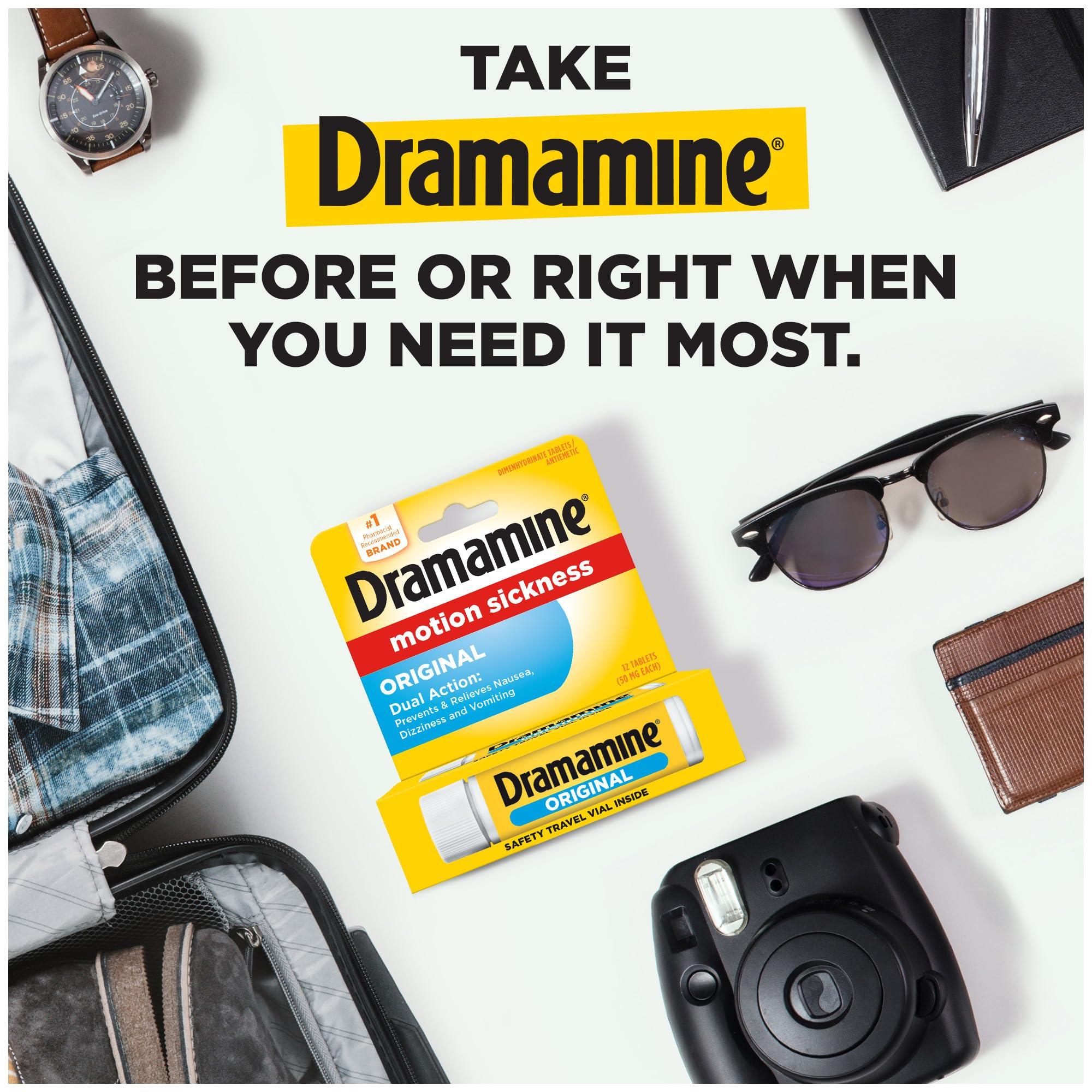 Dramamine Dramamine Motion Sickness Relief Tablets Bundle: All Day Less Drowsy, 8 Count, 3 Pack and Original Travel Vial, 12 Count