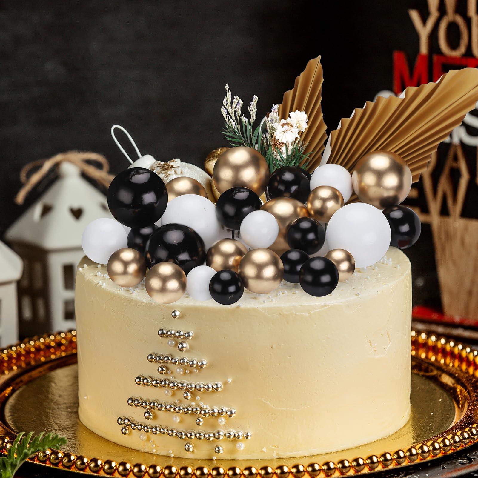 Hoemwarm Hoemwarm 41 PCS Black Ball Cake Toppers Ball Cake Picks Boho Gold Palm Leaves Cake Decor Gold Mini Balloon Dried Flower Topper Pearl Ball Cake Insert for Baby Shower Birthday Wedding Party(Black)