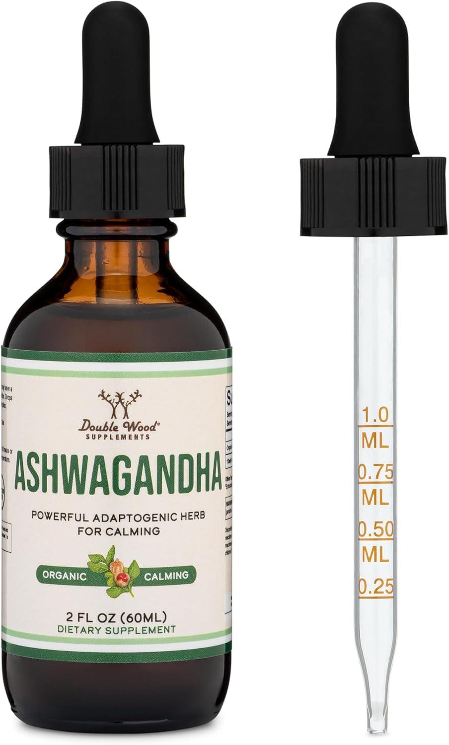 Double Wood Supplements Ashwagandha Organic Drops for Stress Relief (1,200mg, 60 Servings) Ashwagandha Tincture for Adrenal Support and Cortisol Manager (Vegan Safe, Gluten Free, Non-GMO) by Double Wood