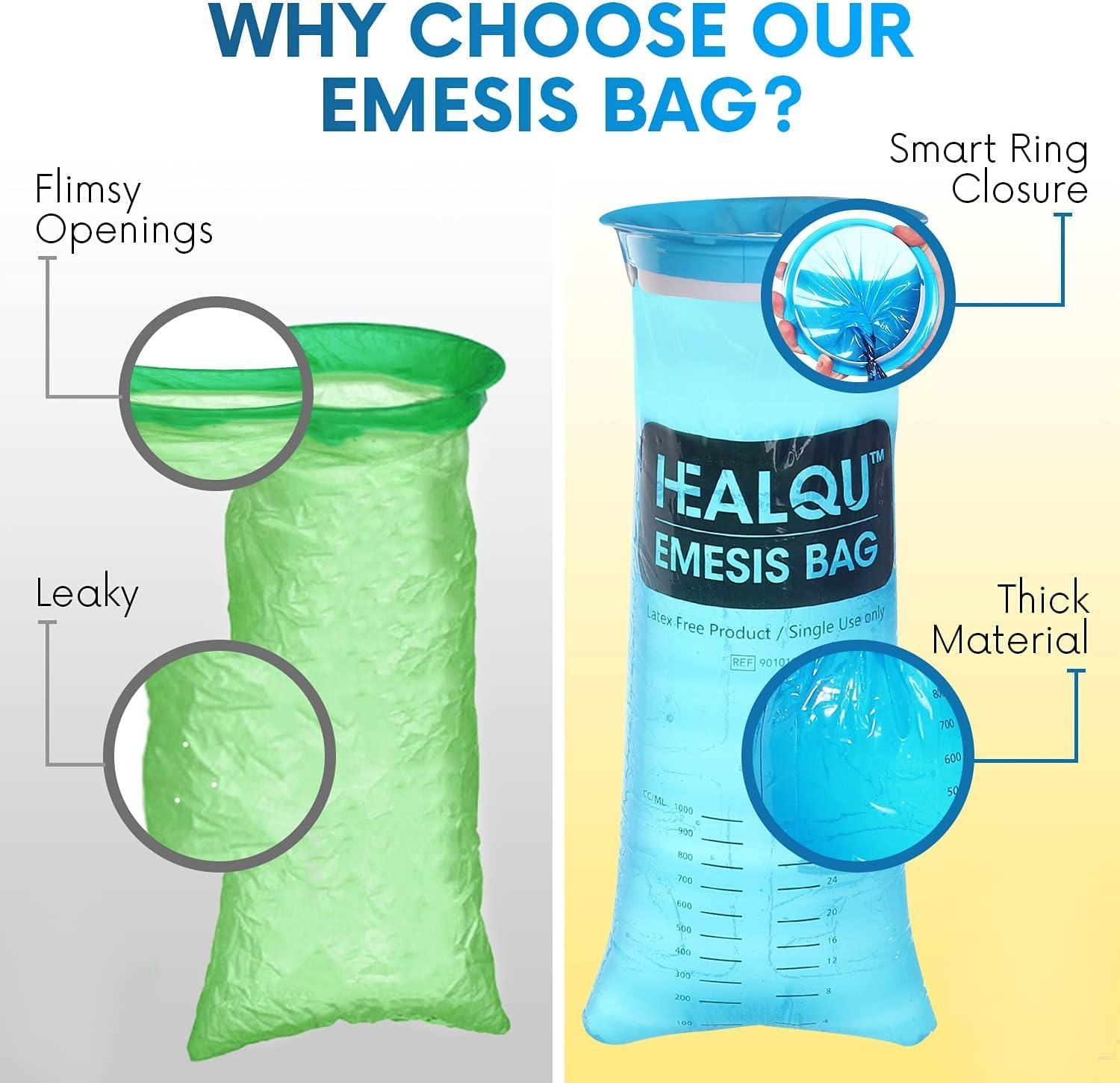 Healqu Healqu Hospital Vomit Bags - 60 Pack 1000ml Car Throw Up Bag - for Airsick Travel & Motion Sickness - Leak Resistant Medical Grade Puke Bag - Disposable Barf Bags Throw Up, Nausea