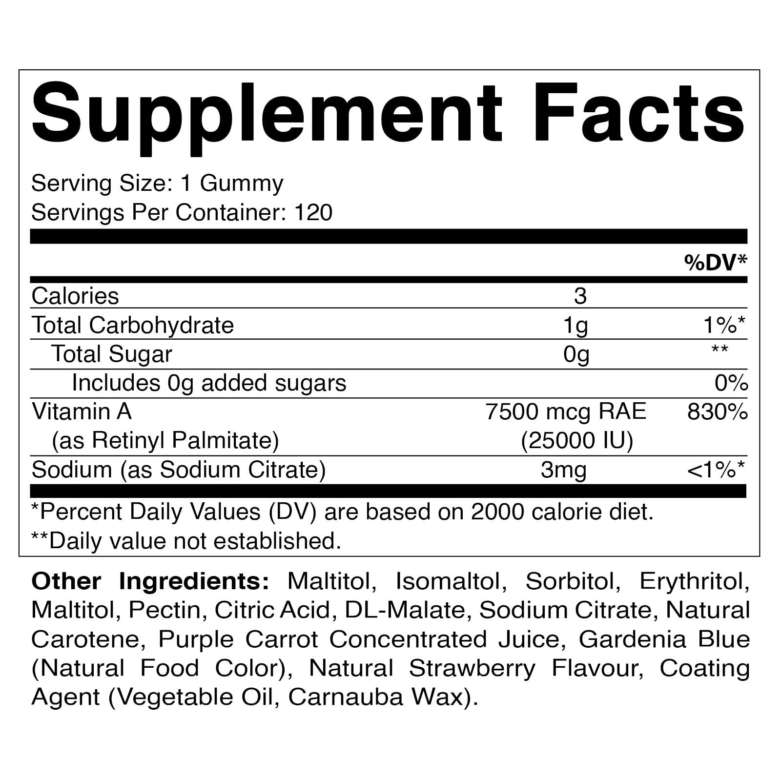 Vitamatic Vitamatic Sugar Free Vitamin A 25000 IU Gummies (Retinyl Palmitate) - Natural Strawberry Flavor - 120 Pectin Based Gummies (1 Bottle)