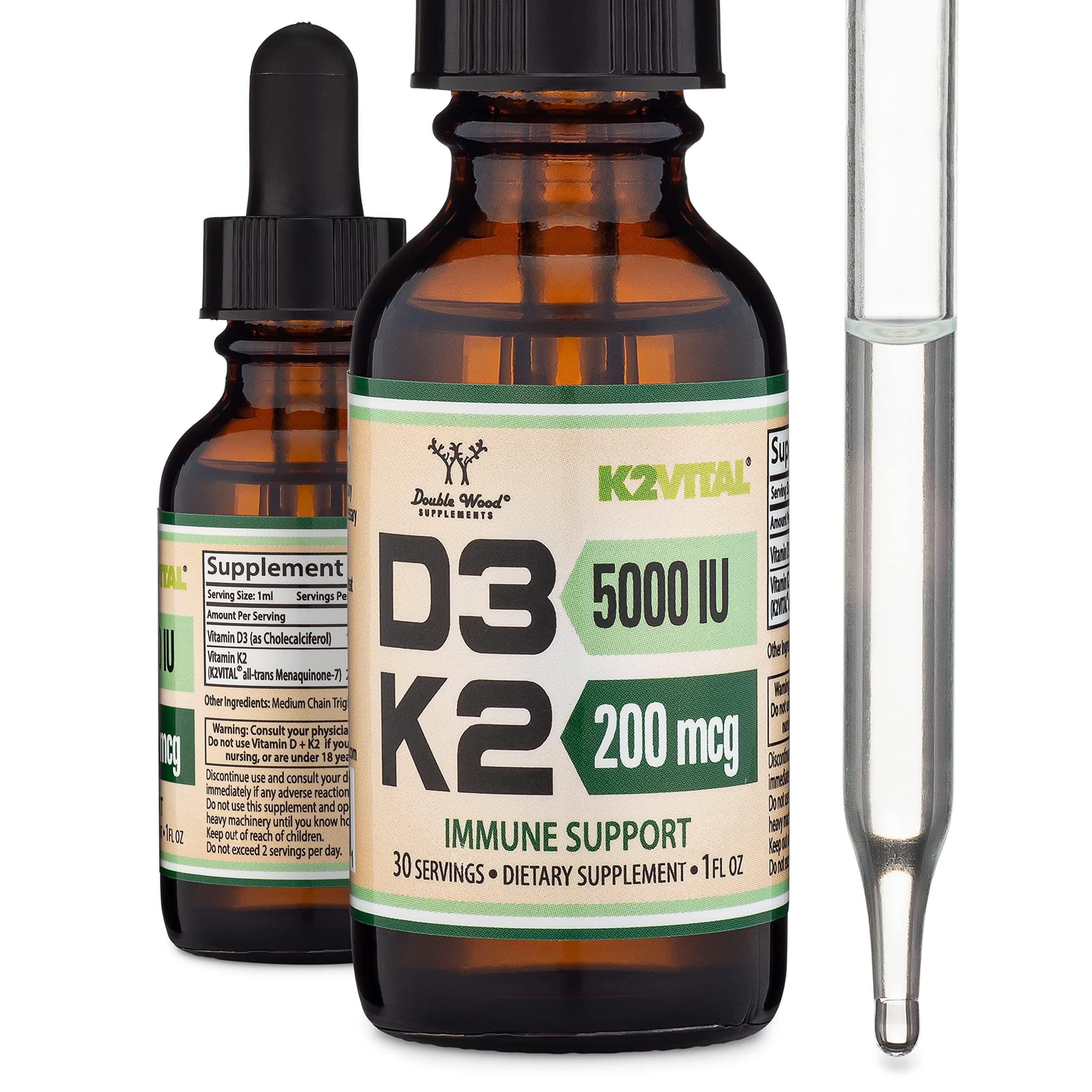 Double Wood Supplements Vitamin D3 K2 5,000 IU Liquid Drops (5,000 IU of D3 and 200mcg of 99.9% All-Trans Patented K2 MK-7 (K2Vital)) Max Absorption Liquid Vitamin D Drops (30 Servings) by Double Wood