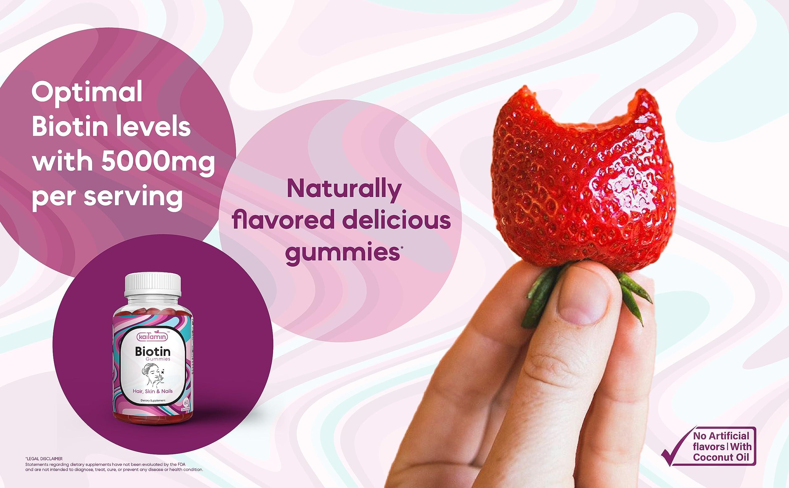 Kaitamin Kaitamin Biotin Vitamin B7 Gummies for Hair Skin & Nails - 5000 mcg per Serving - with Elderberry and Coconut Oil, 60 Strawberry Flavored Gummies - All Natural, Gluten-Free & Vegetarian (Pack of 1)