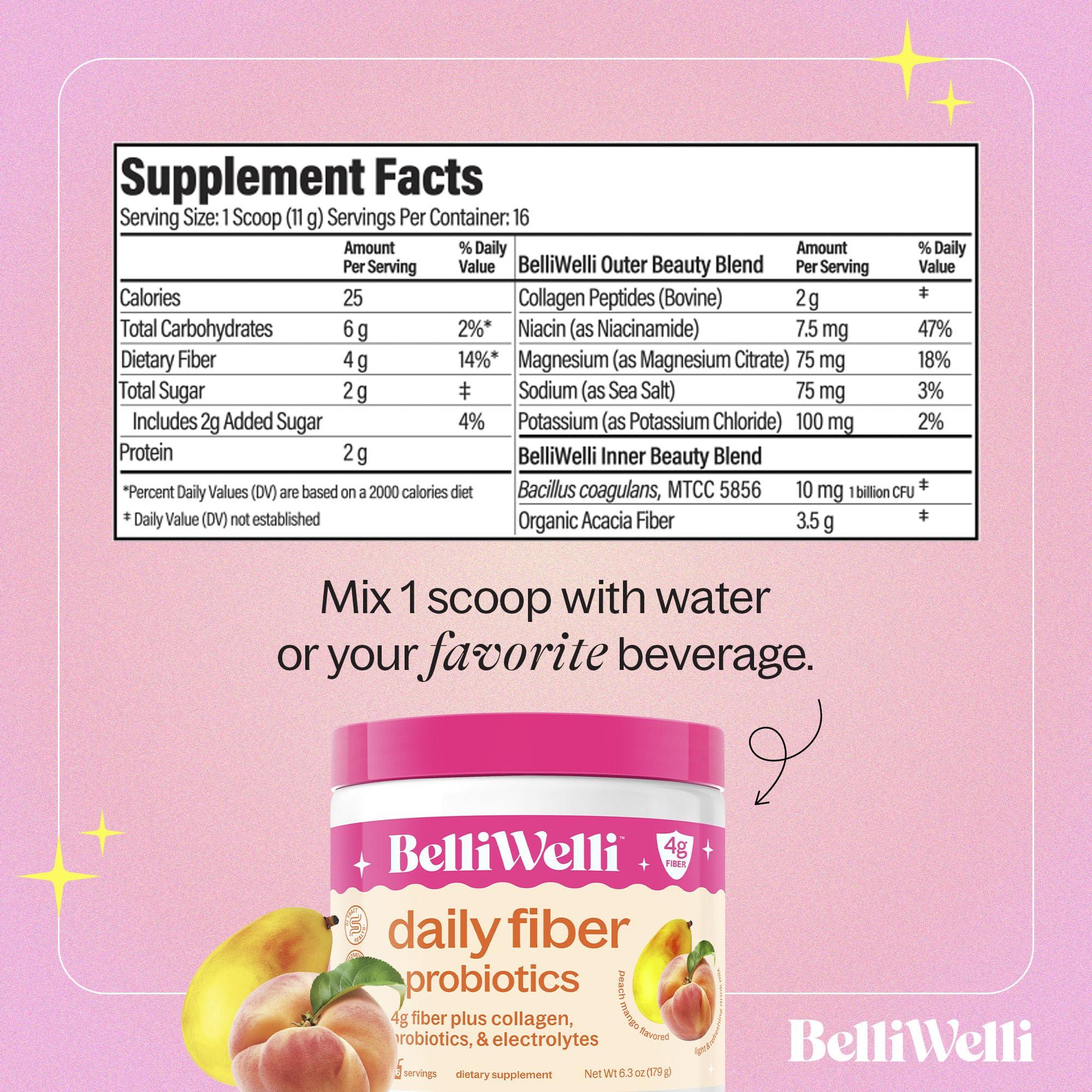 Belli Welli Belli Welli Daily Fiber Supplement Powder with Collagen, Probiotics & Electrolytes | Supports Digestive Health, Gut Balance & Debloating | Peach Mango | 16 Servings