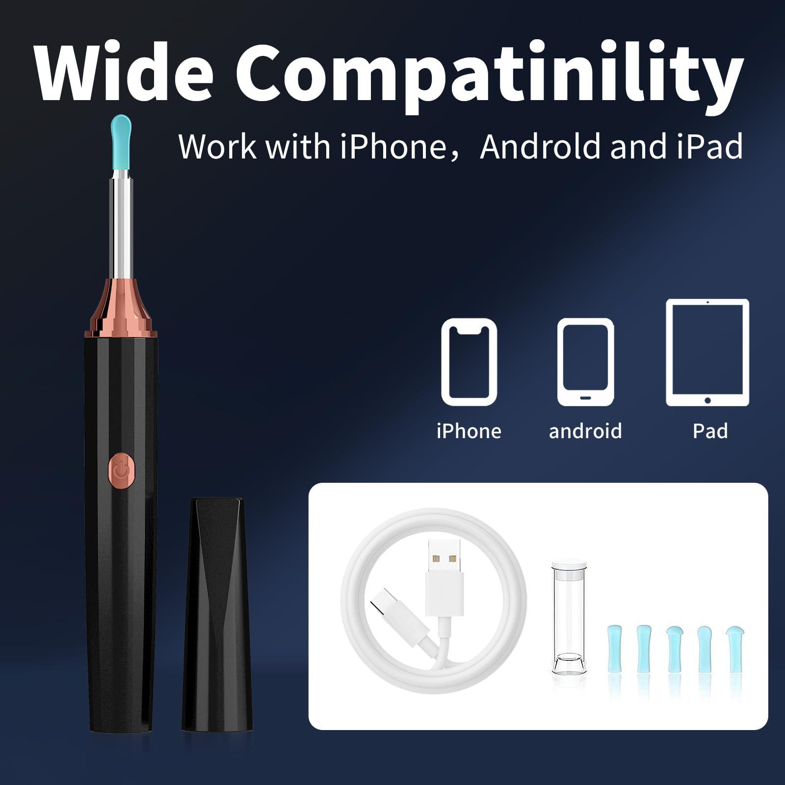 Docbraces Docbraces Ear Wax Removal,Ear Cleaner Tool with Ear Camera and Light,Earwax Removal kit with 4 Ear Pick,1080P Ear Camera Smart Visual Cleaning Kit for iOS&Android (Black)