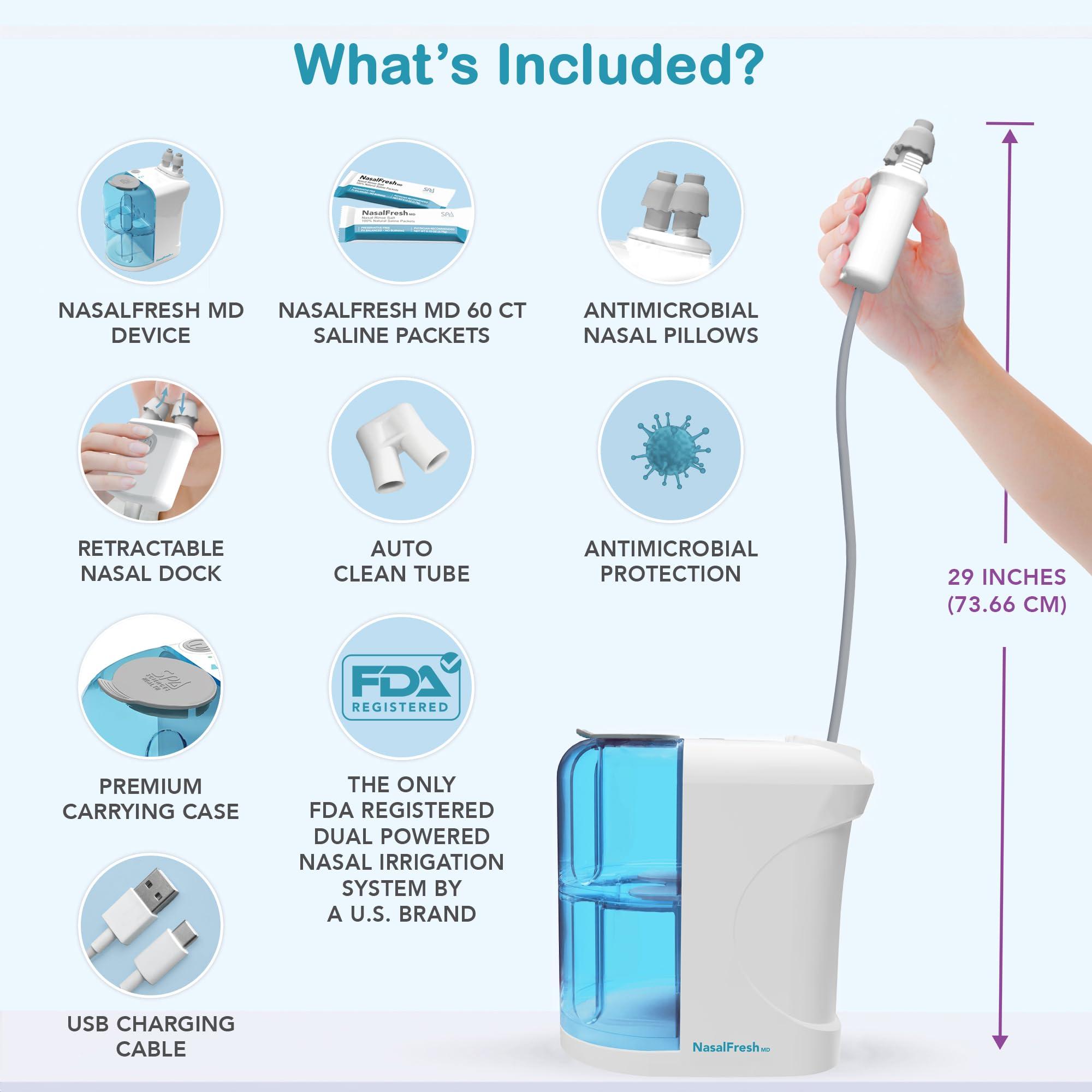 SPA SCIENCES NASALFRESH MD - Dual Powered Nasal Irrigation System Nasal Rinse and Wash - Sinus Decongestant Relief System w/ 30 Saline Packets - Rechargeable - Snoring Remedy
