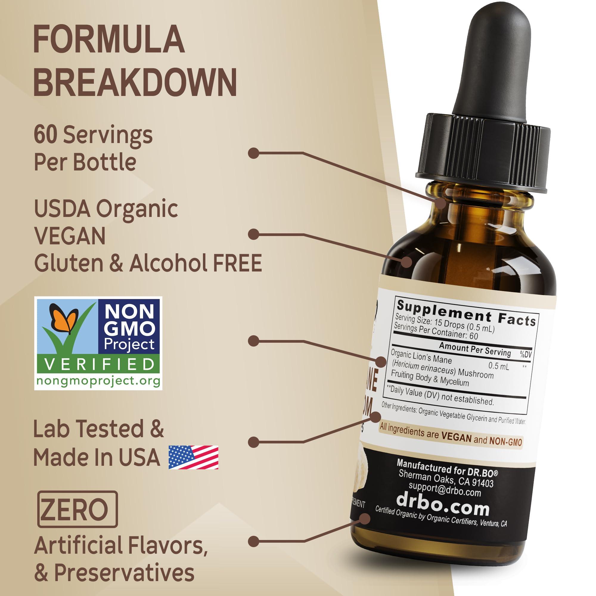DR. BO Lions Mane Mushroom Supplement Drops - Organic Lion\'s Mane Mushroom Liquid Tincture for Focus, Fog Brain Health Supplements - Vegan Herbal Nervine Nootropic Organic Lions Liquid Supplement Extract 1oz