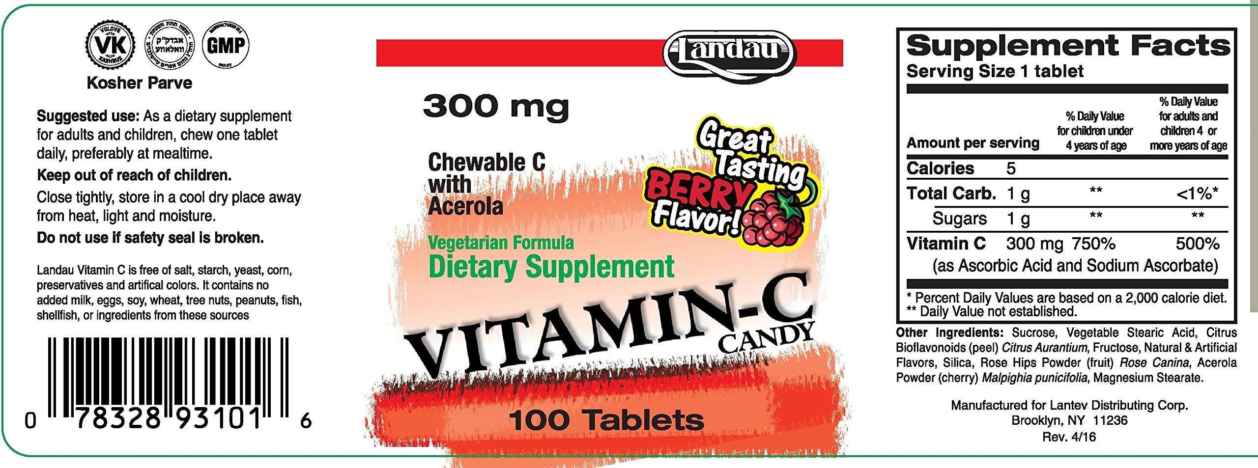 Landau Landau 300mg Chewable Vitamin C Candy for Kids & Adults Easy-to-Take Vitamin C Supplement with Acerola Kosher & Made in The USA Great Tasting Berry Flavor, 100 Tablets
