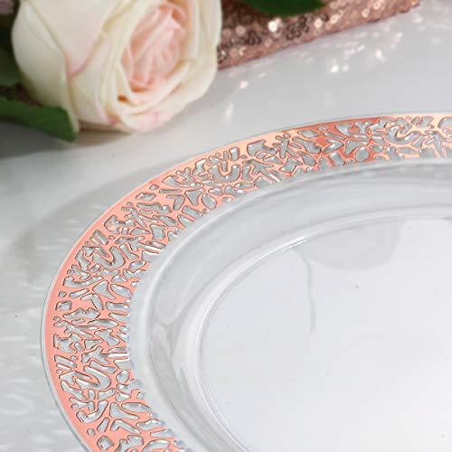 I00000 I00000 102 Pieces Rose Gold Plastic Lunch Plates, 9” Clear Disposable Dinner Plates with Rose Gold Lace Rim, Ideal for Big Parties or Wedding for Wedding & Party