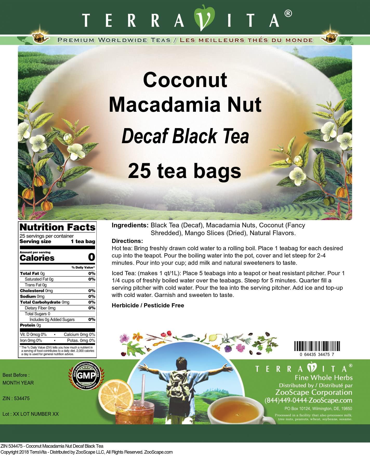 Terravita Coconut Macadamia Nut Decaf Black Tea (25 tea bags, ZIN: 534475)