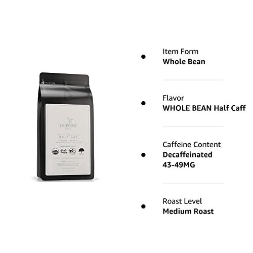 LIFEBOOST Lifeboost Coffee Half Caff Whole Bean Coffee - Low Acid Single Origin USDA Organic Coffee - Non-GMO Whole Bean Coffee Third Party Tested For Mycotoxins & Pesticides - 12 Ounces
