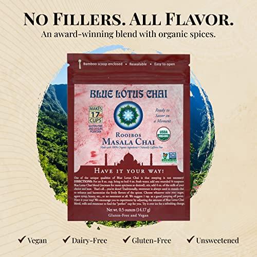 BLUE LOTUS CHAI Blue Lotus Chai - Rooibos Masala Chai - Makes 17 Cups - 0.5 oz Pouch Masala Spiced Chai Powder with Organic Spices - Instant Indian Tea No Steeping - No Gluten