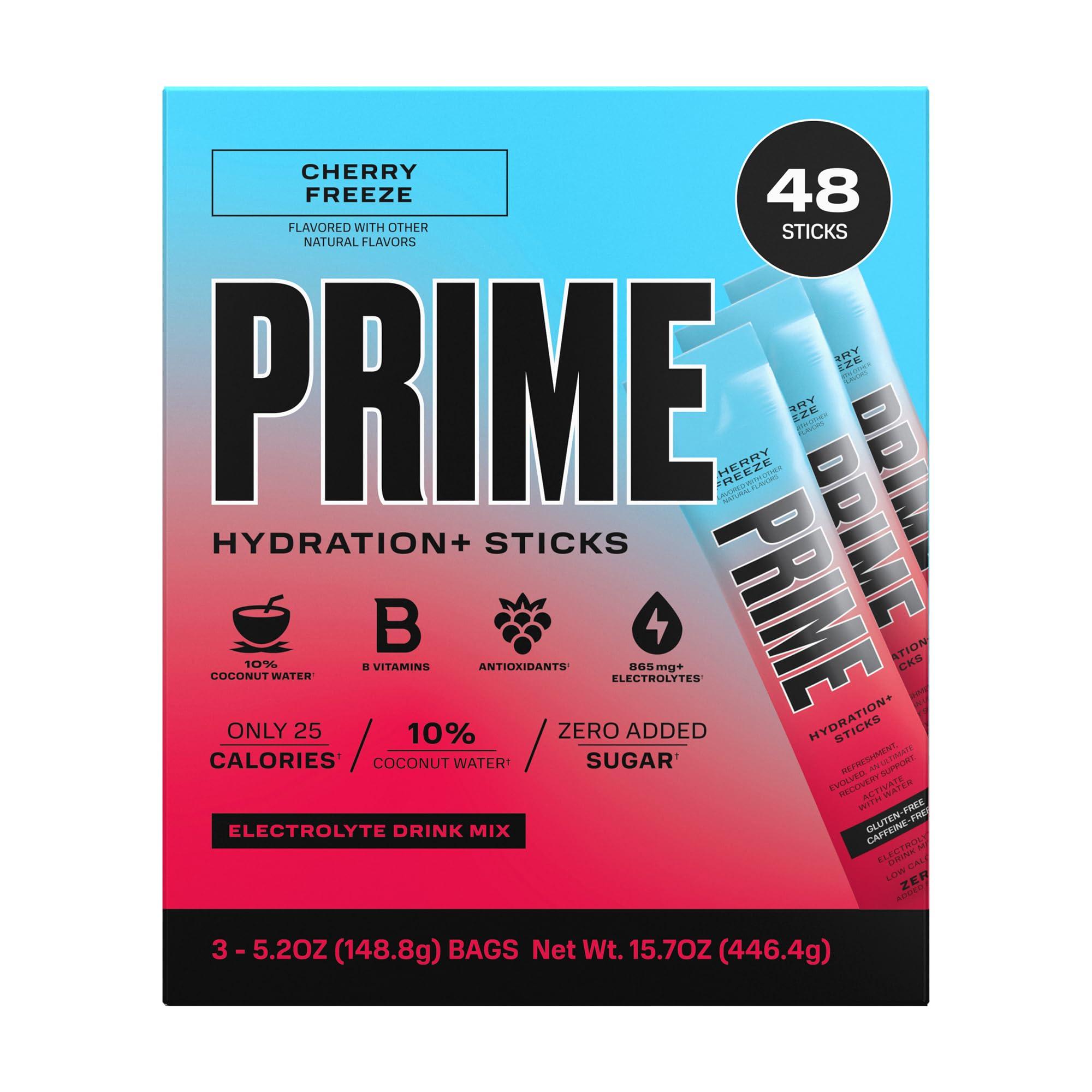 PRIME HYDRATION PRIME HYDRATION+ Sticks Cherry Freeze | Hydration Powder Single Serve Sticks | Electrolyte Powder On The Go | 250mg BCAAs, B Vitamins, Antioxidants | Low Sugar | Caffeine-Free | Vegan | 48 Sticks