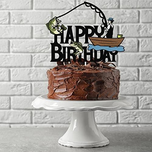 Caiwowo Gone Fishing Happy Birthday Cake Topper - Happy Retirement 50th 60th Birthday Party Glitter Cake Topper For Men - Happy Father's Day Fishing Themed Party Decorations