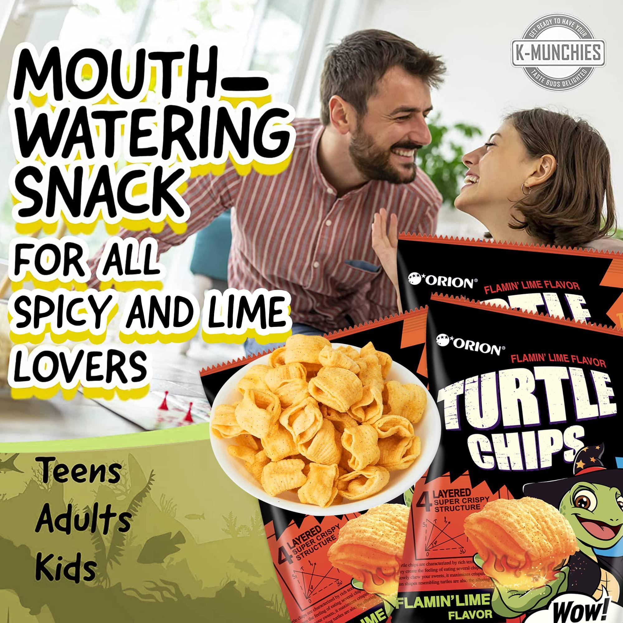 K-Munchies K-Munchies Orion Turtle Chips – Large 3 x 160-gram Flamin' Lime Flavor Korean Chips – Big Bag, Party Size Tasty, Crispy Korean Corn Snacks - Bite-Sized, On-The-Go Korean Corn Snack for Family