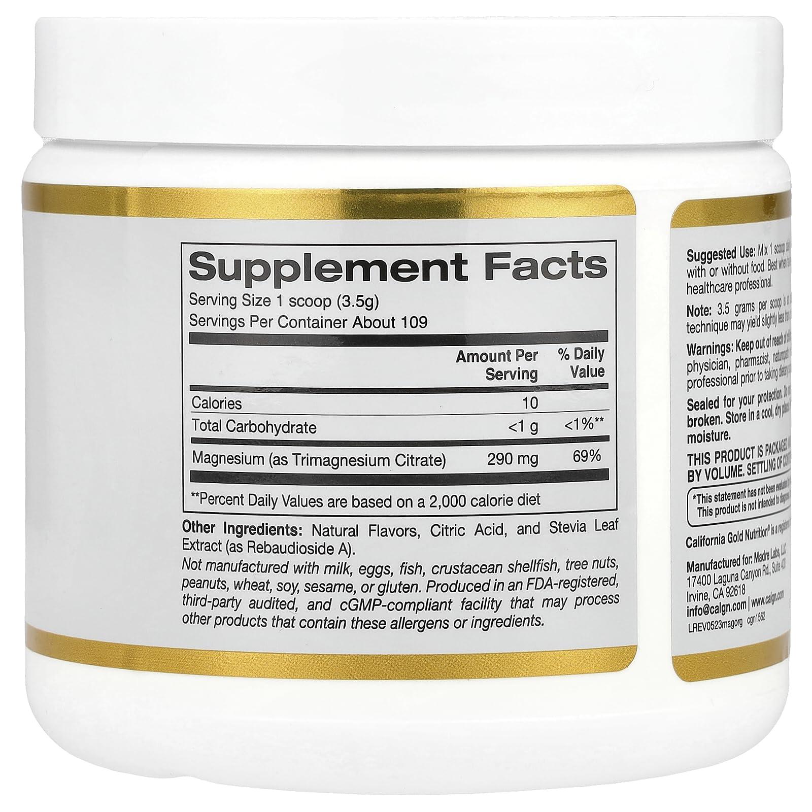 California Gold Nutrition Magnesium Powder Beverage, as Magnesium Citrate, Orange Crush Flavor, 13.4 oz (380 g)