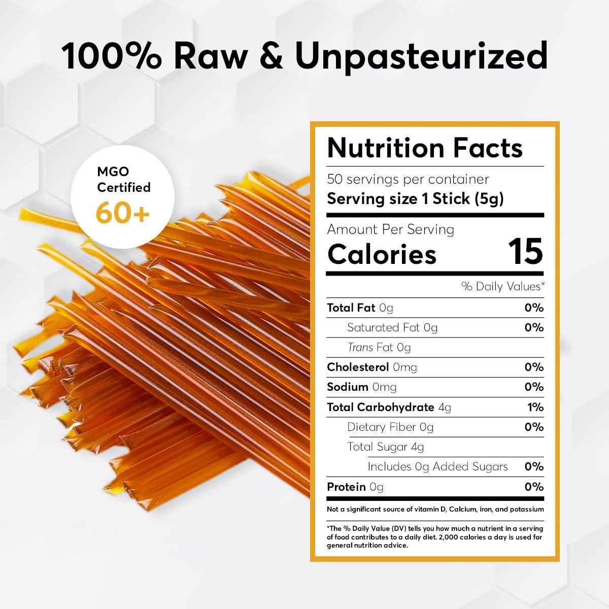 PRI PACIFIC RESOURCES INTERNATIONAL THE ESSENCE OF PRI Manuka Honey Sticks, Certified MGO 60+, Raw New Zealand Manuka Honey, Perfect for On-the-Go, 50 count