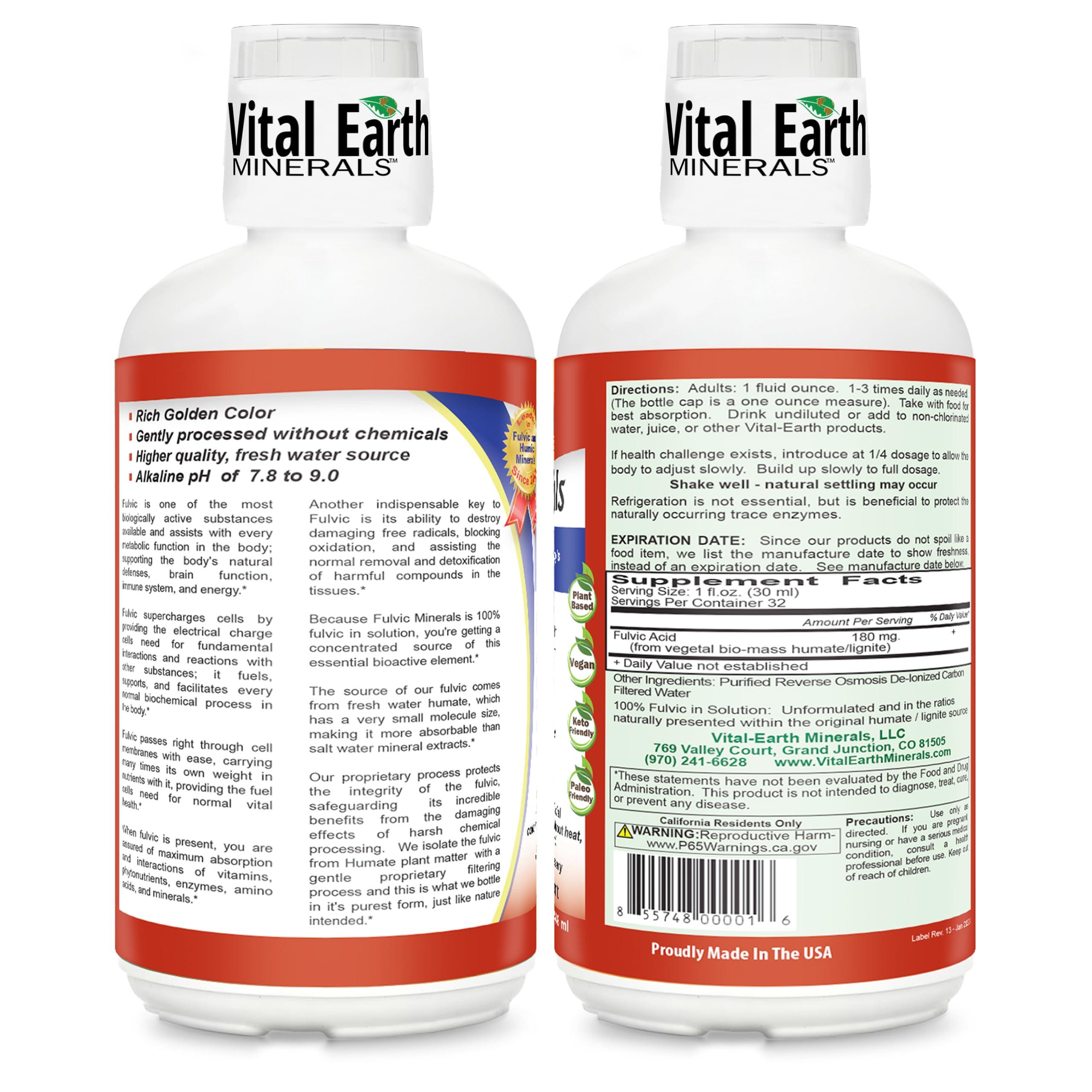 Vital Earth Minerals Vital Earth Minerals Fulvic Minerals Liquid Fulvic Acid Supplement with 70+ Trace Minerals, Electrolytes for Energy & Vitality, 32 Oz Ea + 1 Oz Cup