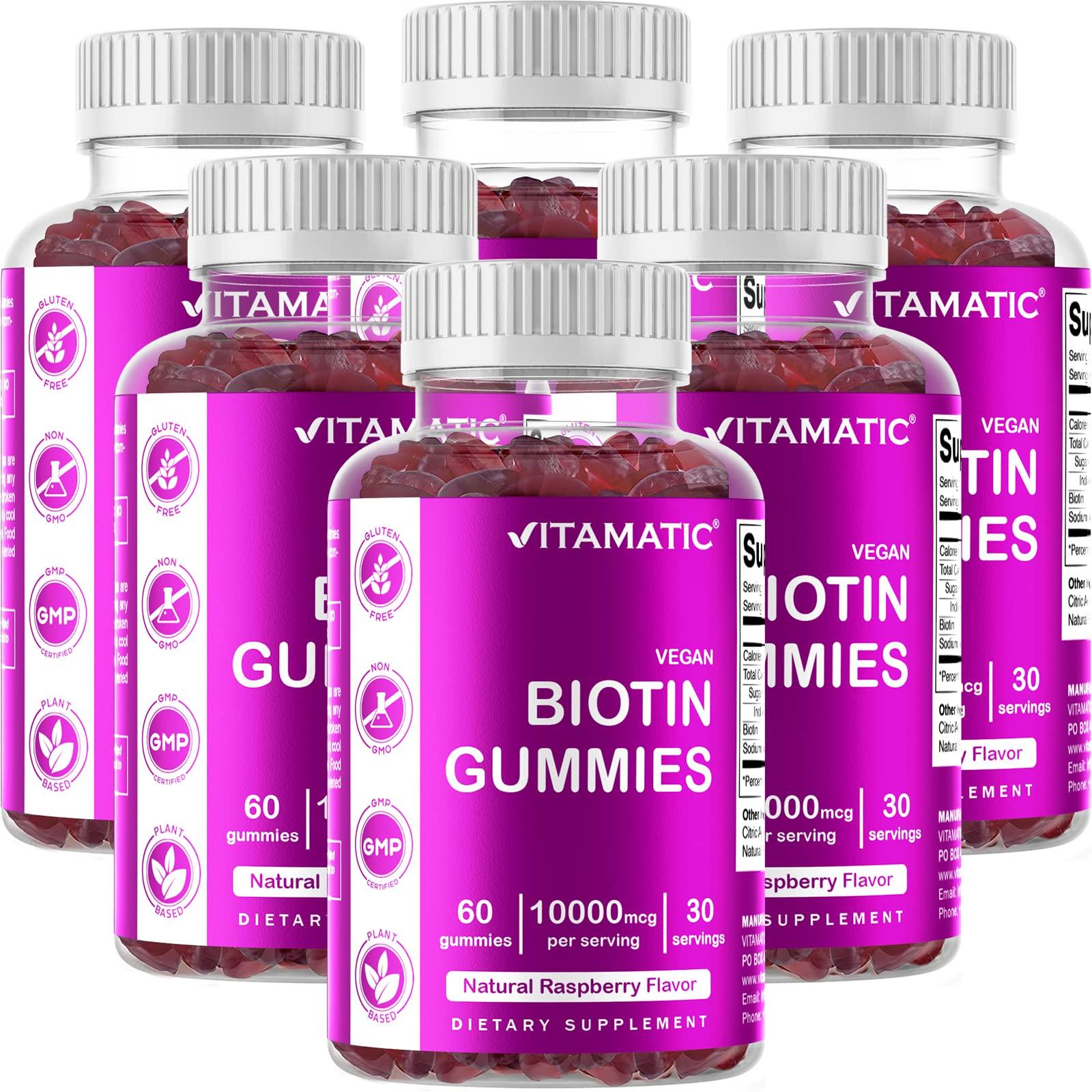 Vitamatic Vitamatic Biotin Gummies 10,000 mcg for Stronger Hair, Skin & Nails - 60 Vegan Gummies - Also Called Vitamin B7 (6 Bottles)