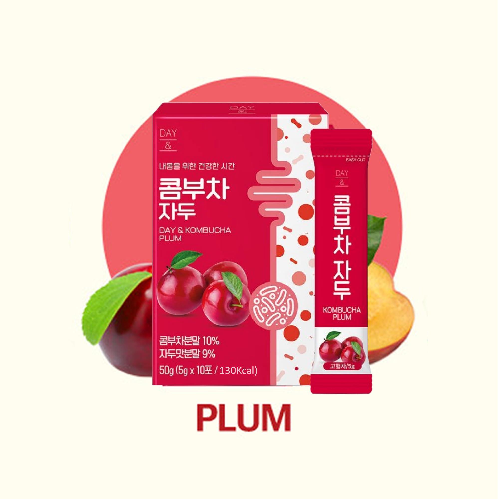 MENBLY Kombucha Powder Tea Pack Korean Healthy Beverage Juice - Korean Tea Drink Zero Sugar, Sparkling Fermented, Probiotics & Prebiotics 10 sticks (Plum)