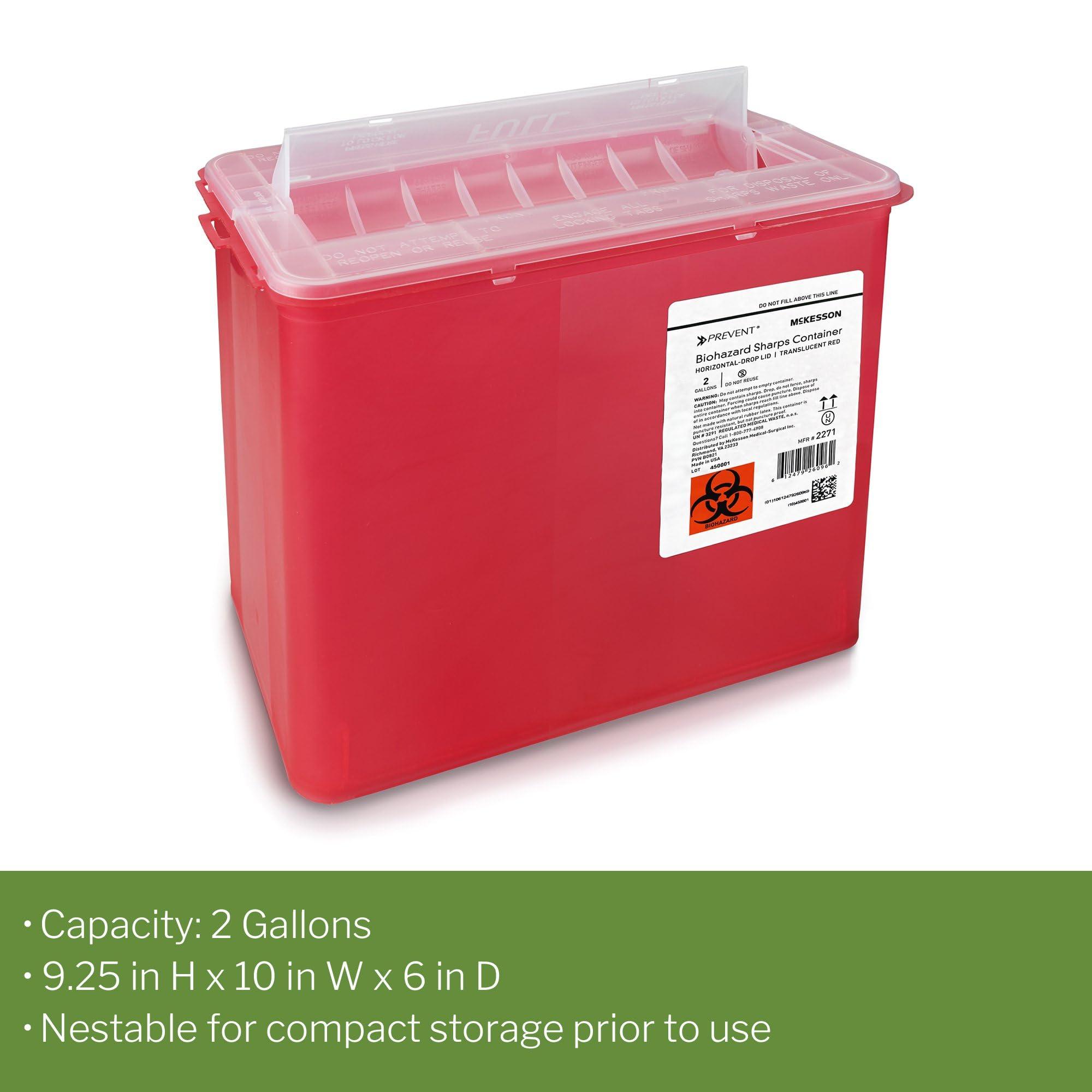 McKesson McKesson Prevent Sharps Container for Home Use, 2 Gallon - for Biohazard Infectious Waste, Needle and Syringe Disposal - Translucent, Touchless Lid - Red, 1 Count