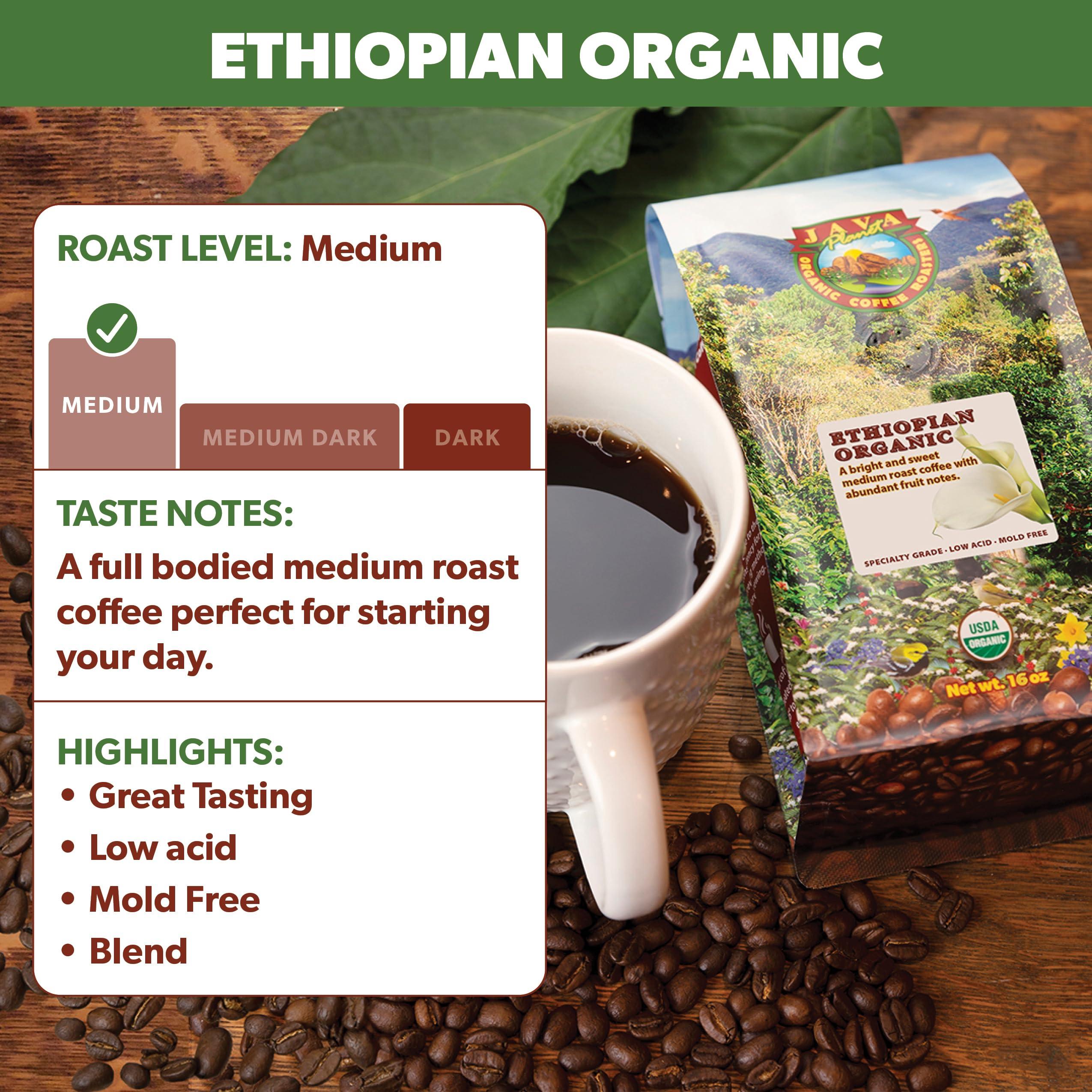 Java Planet Java Planet Low Acid Coffee, Organic Ethiopia Single Origin: Whole Bean Medium Roast - Smooth Full Flavored Coffee Bean, 1LB Bag