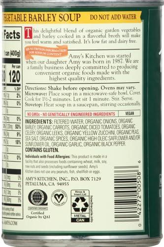 Amy's Amys Soup, Vegan Vegetable Barley Soup, Low Fat, Made With Organic Tomatoes, Carrots and Celery, Canned Soup, 14.1 Oz