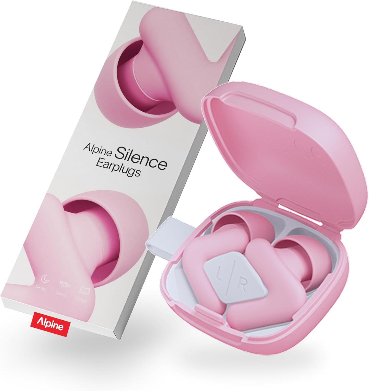 Alpine Alpine Silence Ear Plugs for Sleep, Focus & Travel - V-Shape Snug Fit & Soft Oval Tips  4 Sizes XS/S/M/L - Comfortable, Reusable Hearing Protection - 22dB  Pink