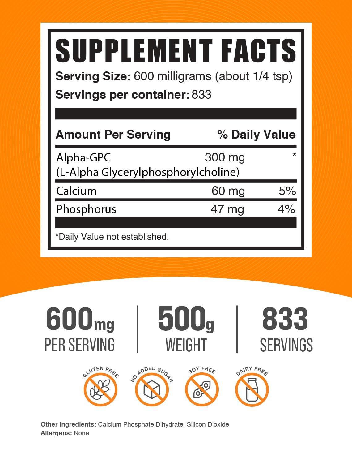 BulkSupplements BulkSupplements.com Alpha GPC Powder - Choline Supplements, Alpha GPC 300mg - Acetylcholine Supplements, Unflavored & Gluten Free, 600mg per Serving, 500g (1.1 lbs) (Pack of 1)