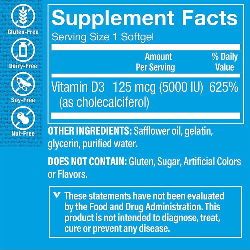The Vitamin Shoppe Vitamin D3 5000IU Softgel, Supports Bone & Immune Health, Aids in Cellular Growth & Calcium Absorption, Gluten Free & Once Daily Formula (100 Softgels) by The Vitamin Shoppe