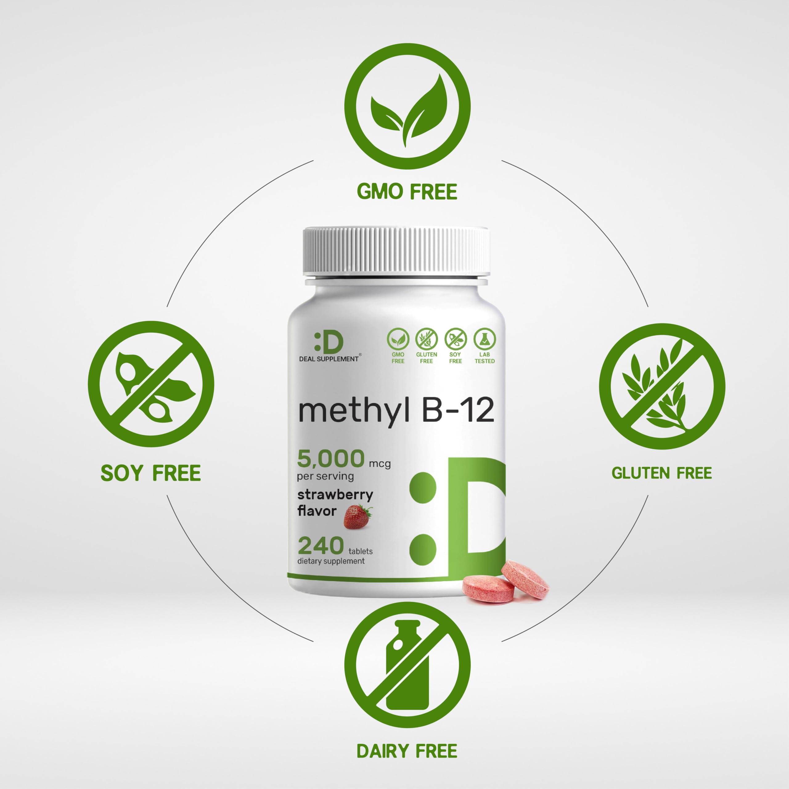 DEAL SUPPLEMENT DEAL SUPPLEMENT Methyl B-12 Vitamins 5000 mcg, 240 Chewable Tablets | Active Form - Strawberry Flavored - Energy Support & Brain Health Function - Vegetarian & GMO Free