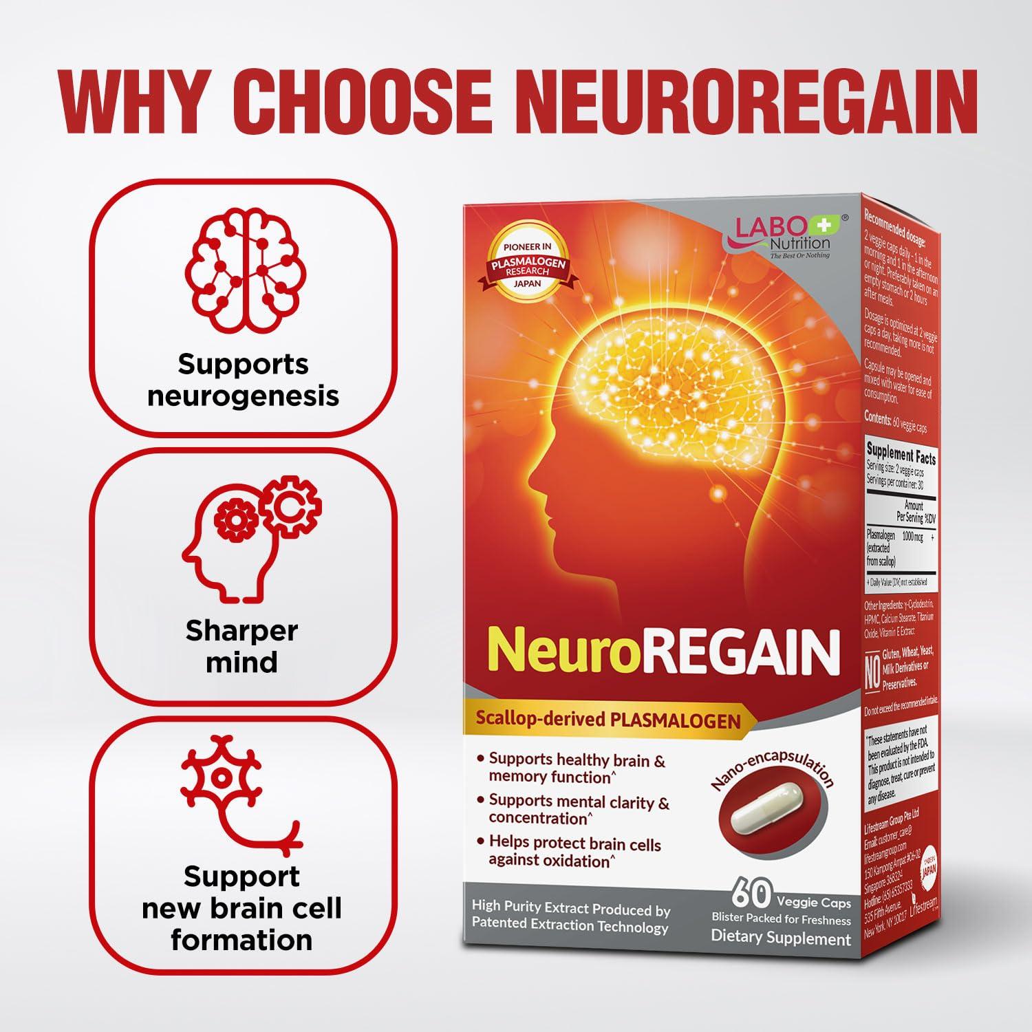 LABO Nutrition LABO Nutrition NeuroREGAIN - Scallop-derived PLASMALOGEN for Brain Deterioration, Memory, Alertness, Learning, Concentration and Other Cognitive Functions Suitable for Seniors, Adult Men & Women x3