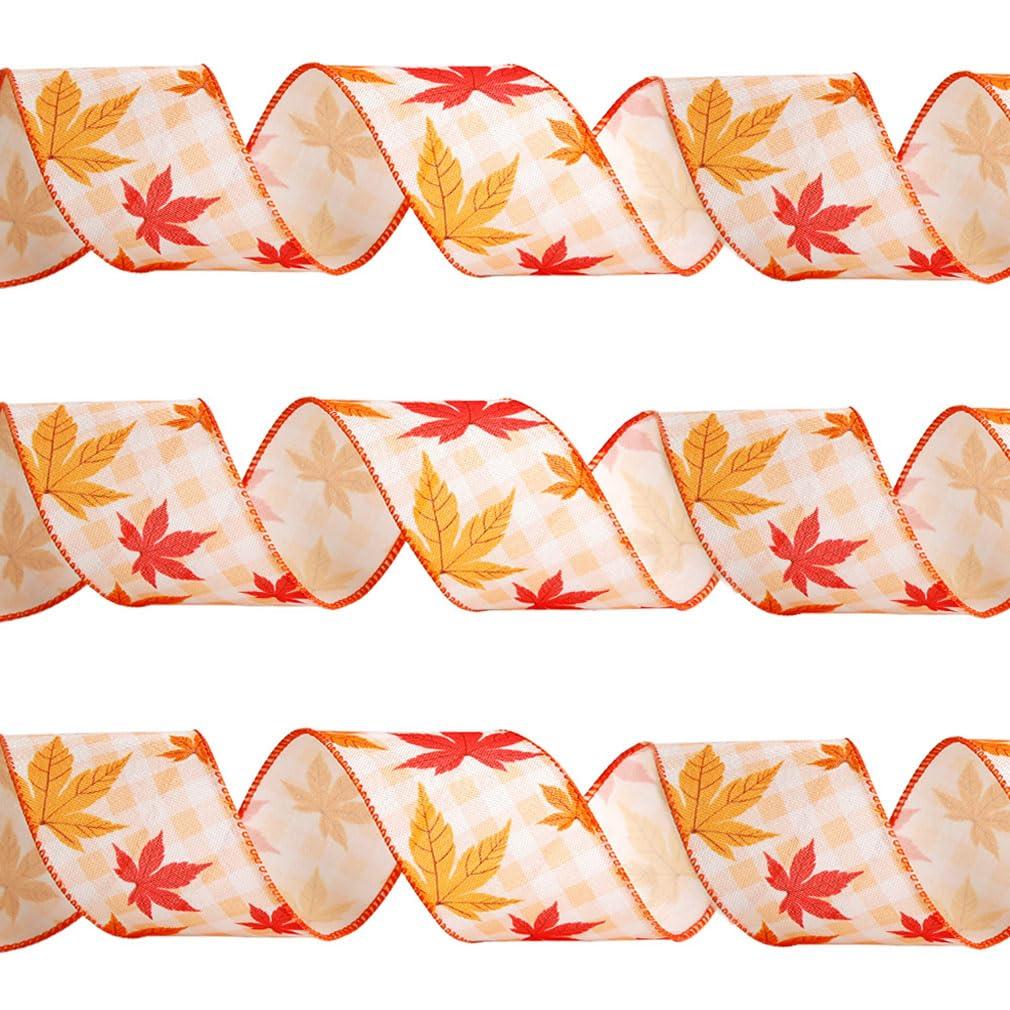 KALWAX Autumn Ribbon Roll, Halloween Ribbon, Fall Wired Ribbon in 6.5cm Width for Wrapping Orange Plaid Maple Leaf Pumpkin Autumn Harvest DIY Craft Ribbon for Gift Wrapping Wreath Decor Bow (5 Pieces)
