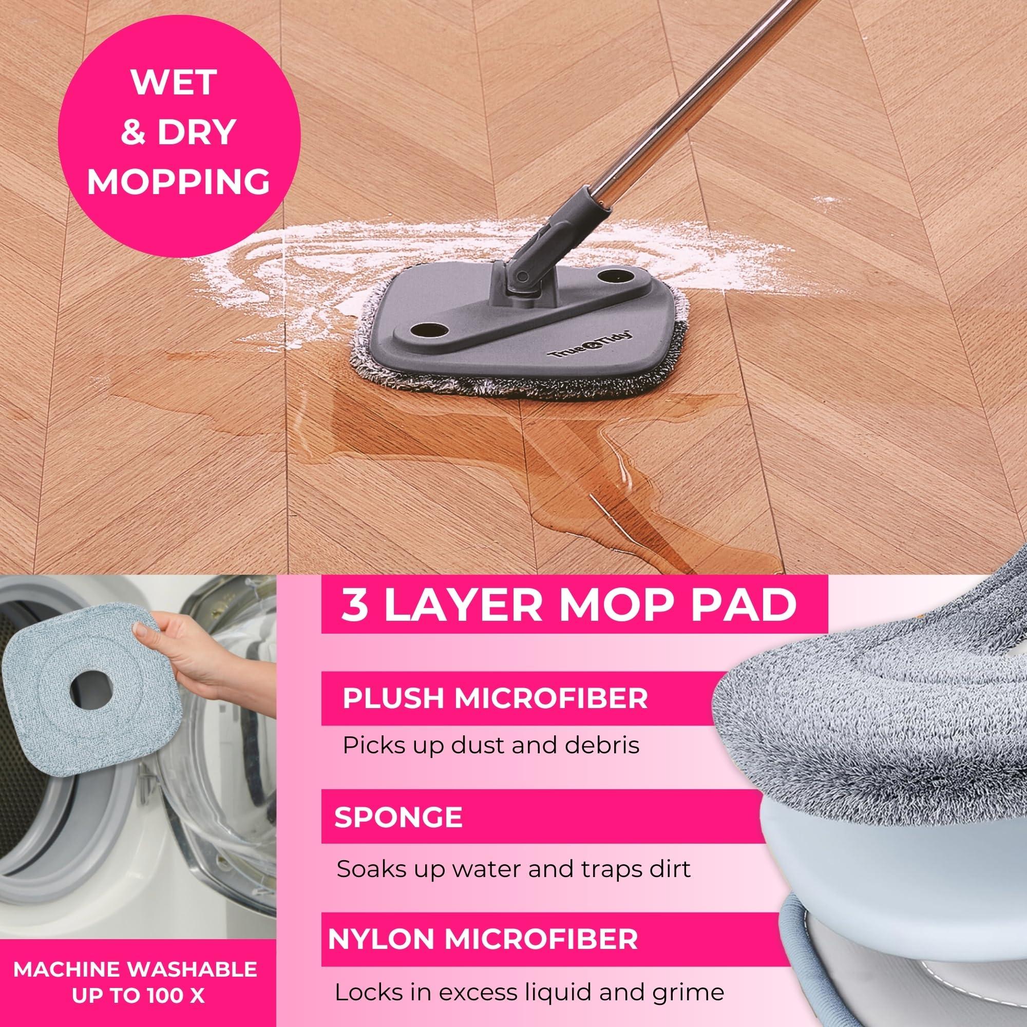 True & Tidy Heavy Duty Square Spin Mop for Floor Cleaning, Separate Compartment for Clean and Dirty Water, Use Any Cleaning Solution, Self Cleaning, Machine Washable Mop Pads