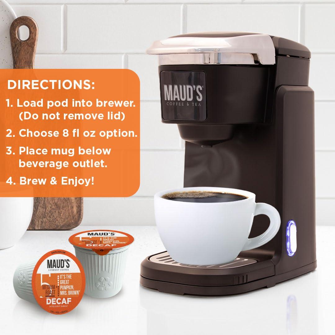 MAUD\'S Maud\'s Decaf Pumpkin Spice Flavored Coffee Pods, 18 ct - Decaffeinated Great Pumpkin Mrs. Brown - 100% Arabica Medium Roast, Solar Energy Produced Recyclable Pods Compatible with Keurig K-Cup Brewers