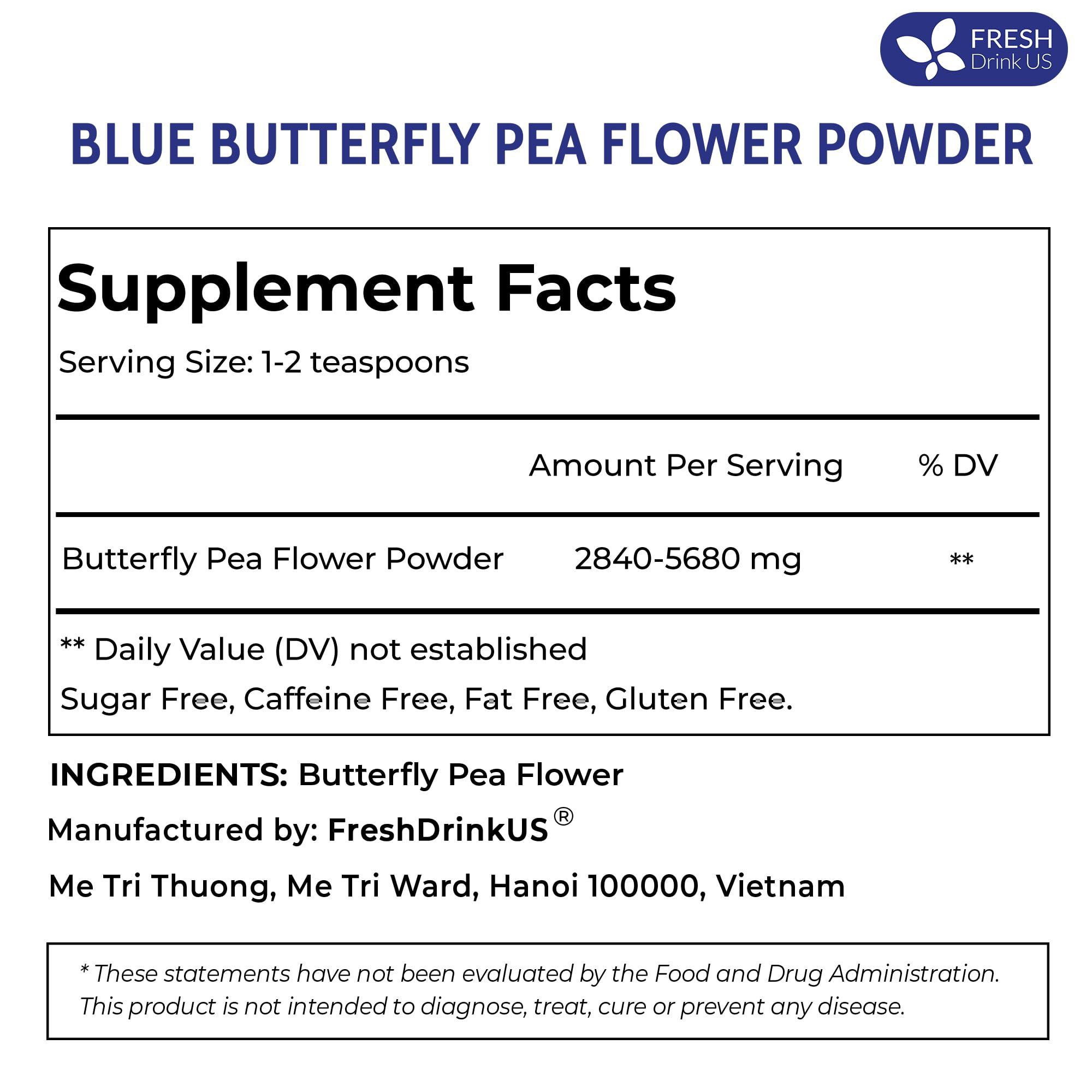 FRESHDRINKUS FreshDrinkUS, Premium 6.5oz Butterfly Pea Flower Powder, 100% Natural and Pure from Blue Butterfly Pea Flowers, Natural Food Coloring, Butterfly Pea Flower Tea, No Additives, No Gluten, No Sugar, Vegan