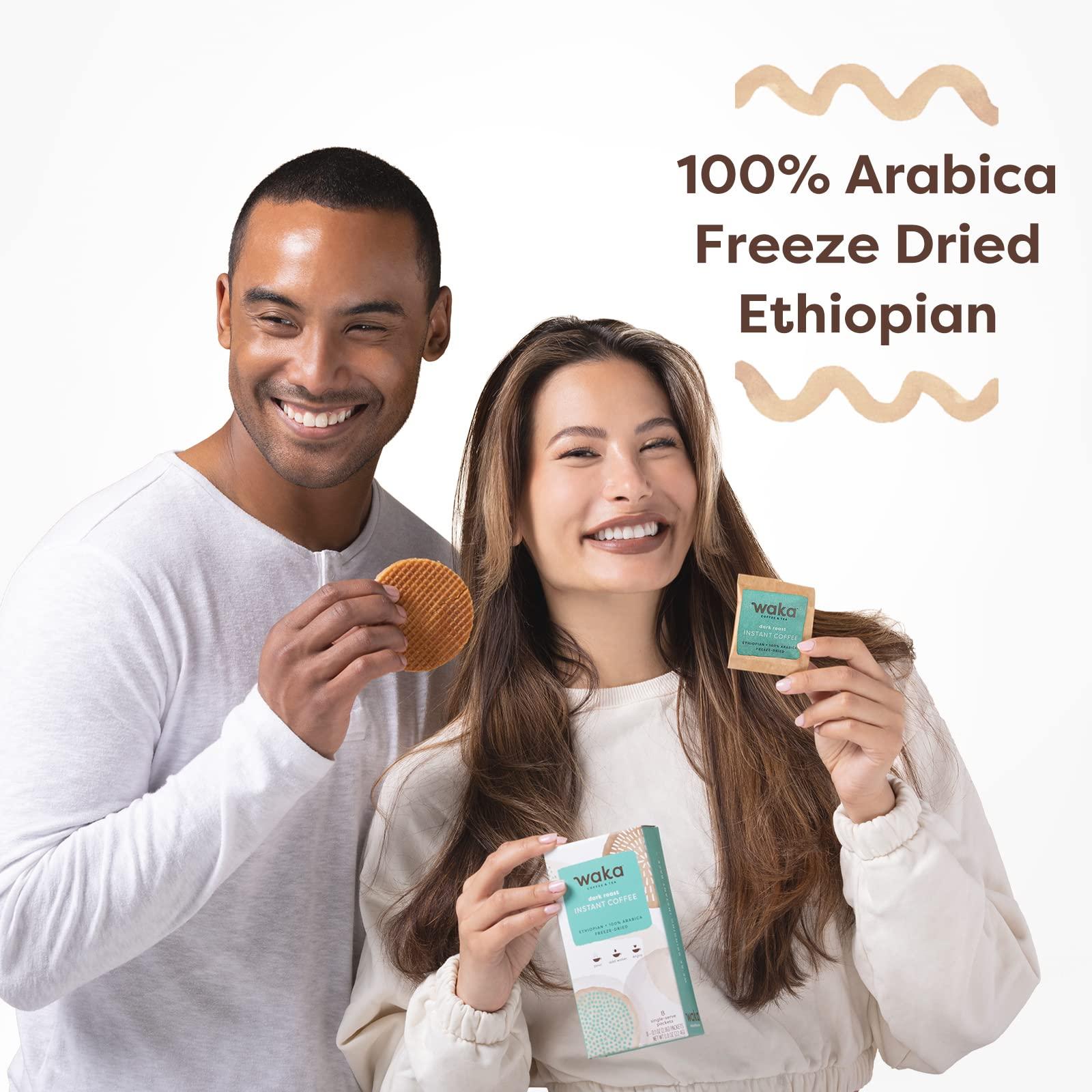 Waka Coffee Waka Premium Instant Dark Roast Coffee (8 Single-Serve Packets) & No Sugar Added Green Tea Powder (200 Cups)