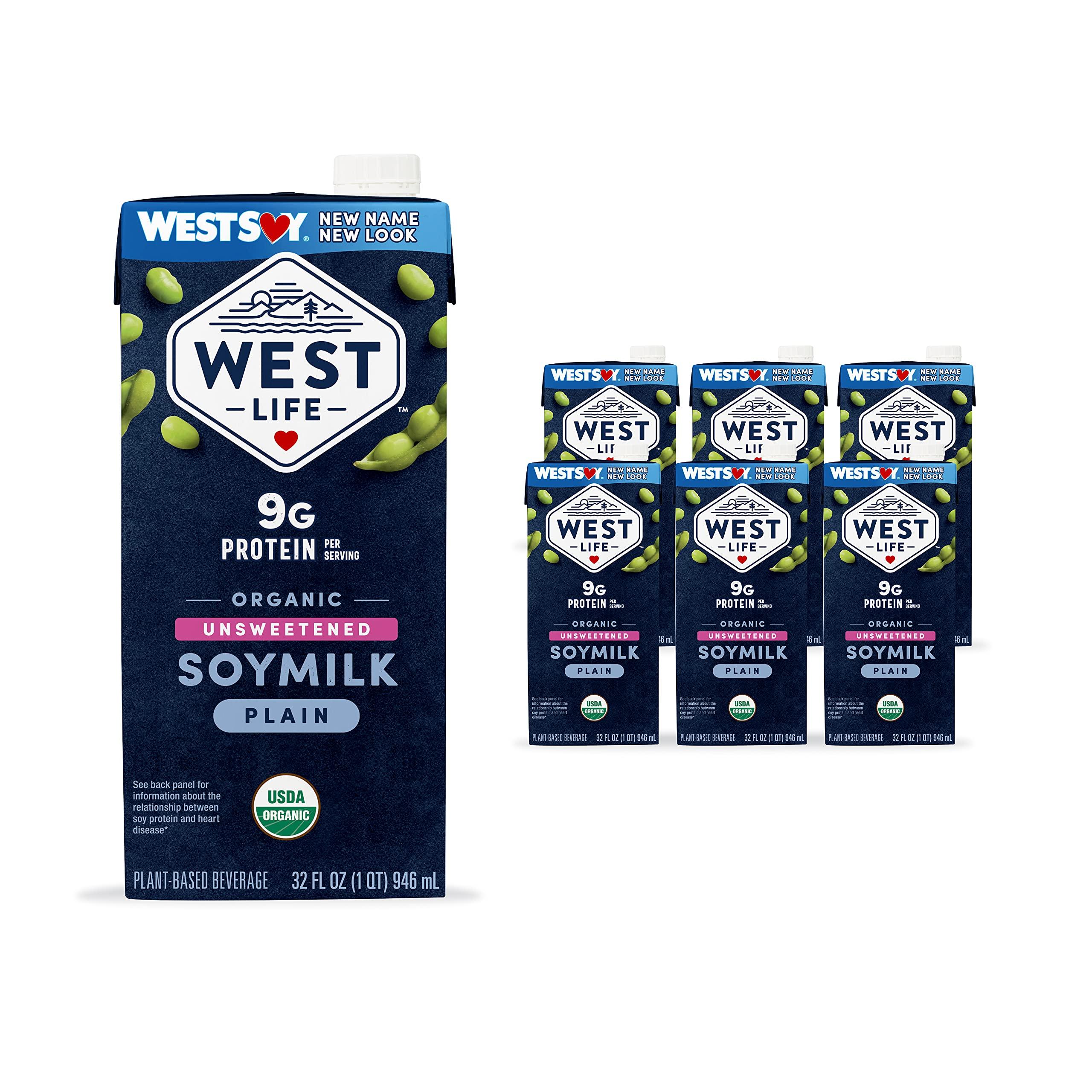 Westsoy West Life Organic Soy Milk, Unsweetened Plain, Low Sugar, 9g of Protein, Vegan Dairy Alternative, Lactose-Free, Shelf Stable, 32oz (Pack of 6)