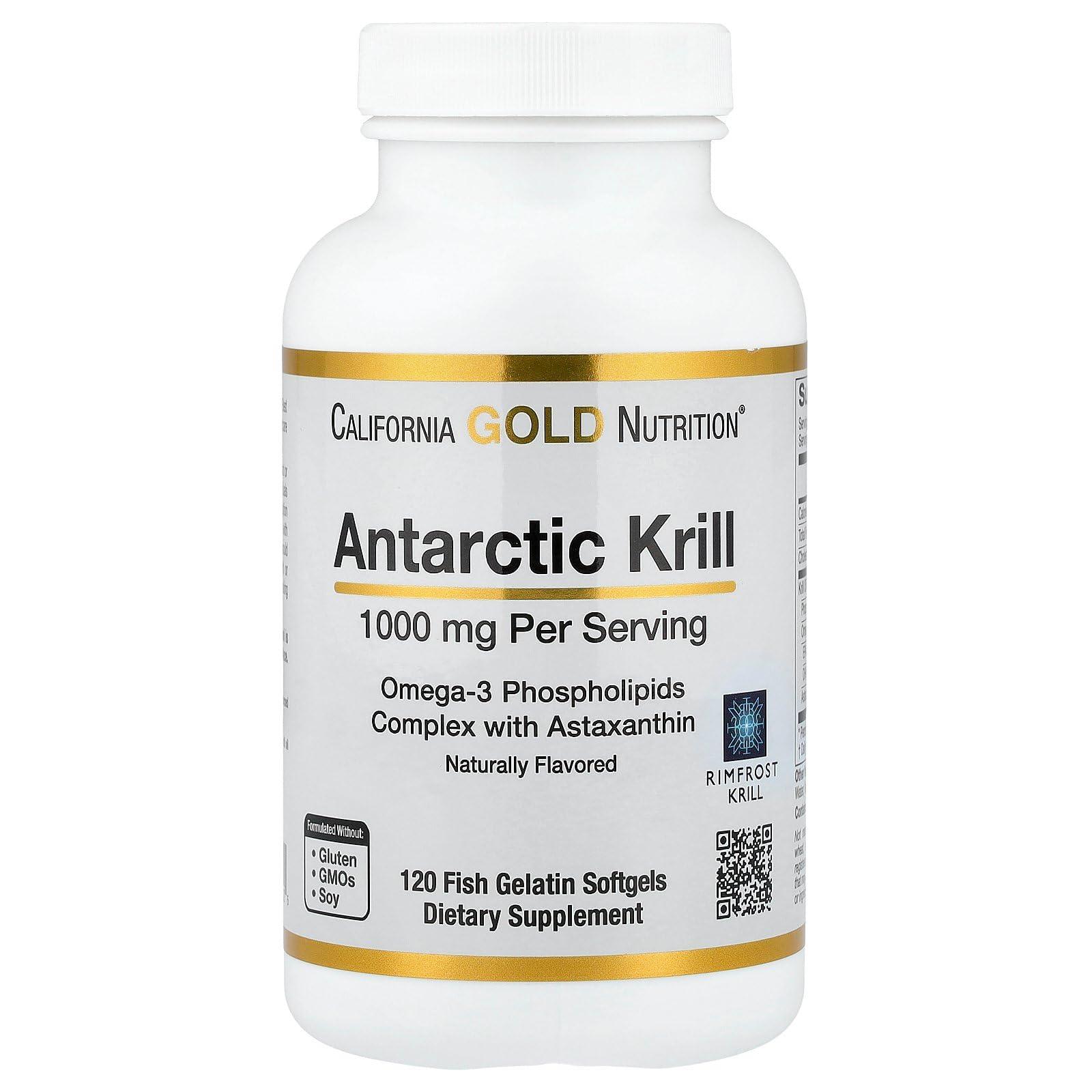 California Gold Nutrition Antarctic Krill Oil, Omega-3 Phospholipids with Naturally Occurring Astaxanthin, Natural Strawberry & Lemon Flavor, Non GMO, 1,000 mg, 120 Fish Gelatin Softgels