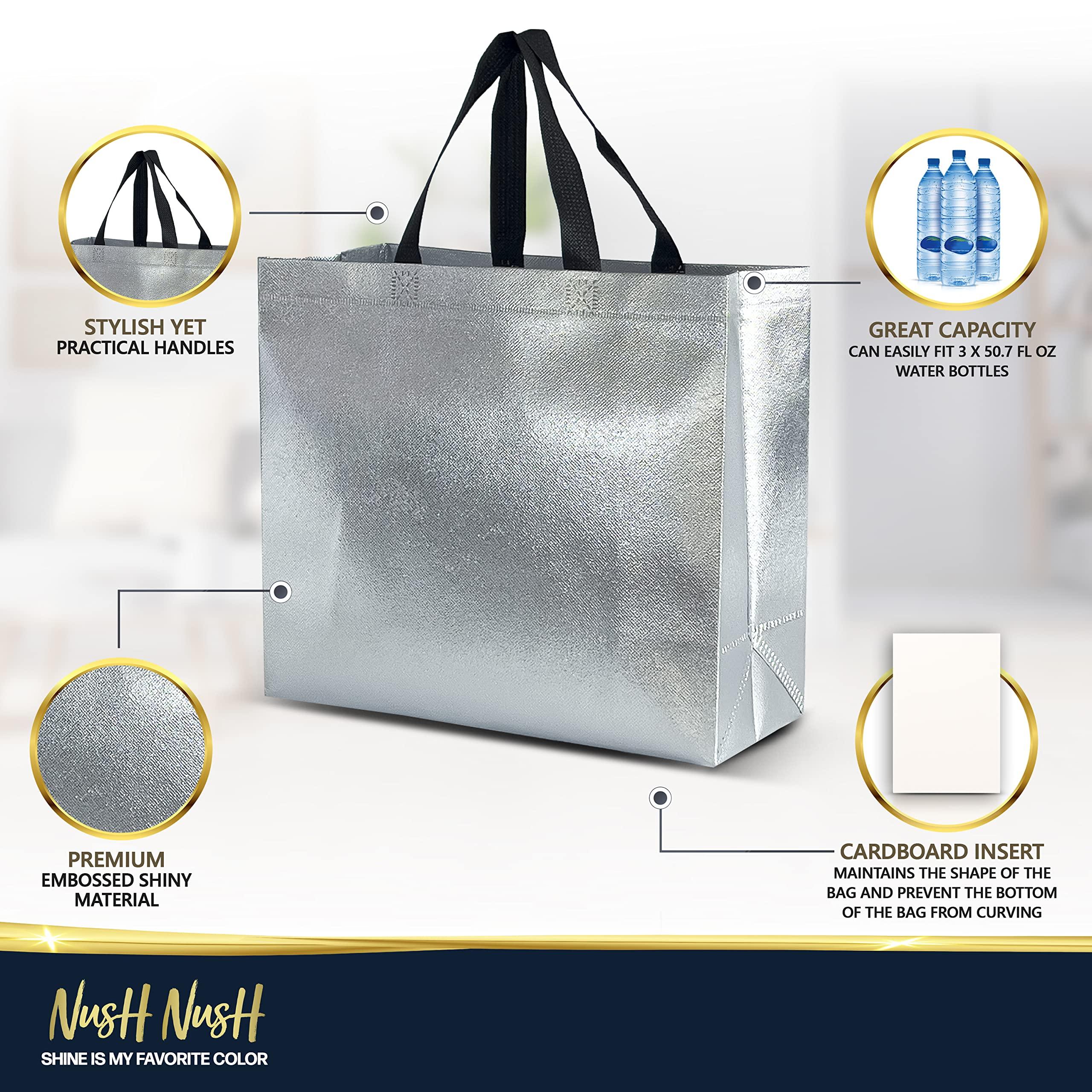 Nush Nush Nush Nush Silver Gift Bags Large Size Set of 30 Silver Reusable Gift Bags in Bulk - Goodie Bags, Christmas Gift Bags With Handles, Party Favor Bags, Gift Bags For Small Business 13Wx5Dx11H Size