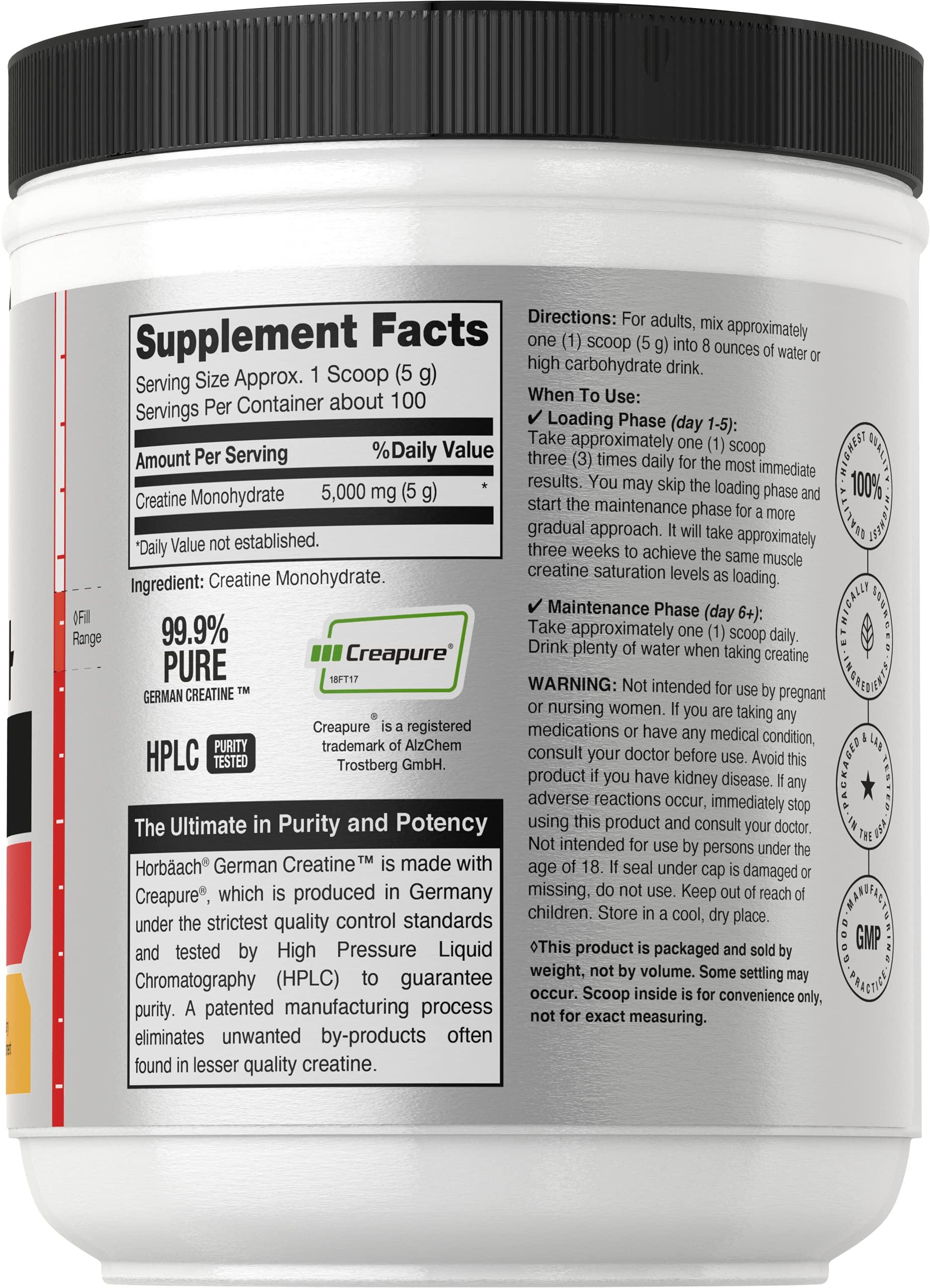 Horbach Horbaach German Creatine Powder 500g | Made in Germany with Creapure | Vegetarian, Non-GMO, and Gluten Free Dietary Supplement