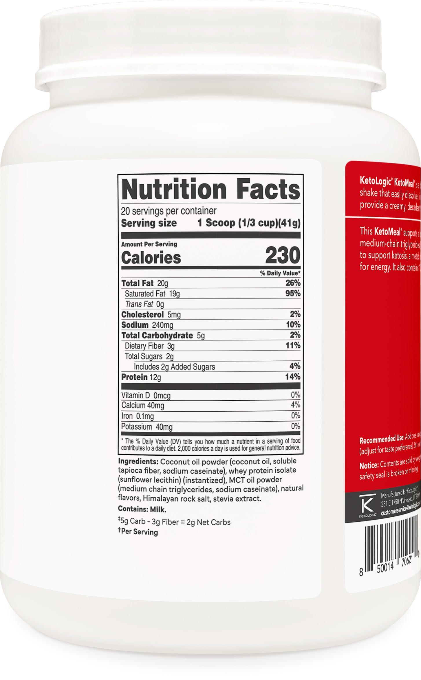 Ketologic Ketologic Keto Meal Replacement Shake Powder for Optimal Results + MCT Oil + Grass-Fed Whey - Perfectly Formulated Macros for Ketosis - 20 Servings - Vanilla
