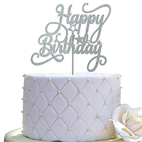 JIEEIN Happy Birthday Cake Topper for Birthday Party Decorations,(Double Sided Silver Glitter)