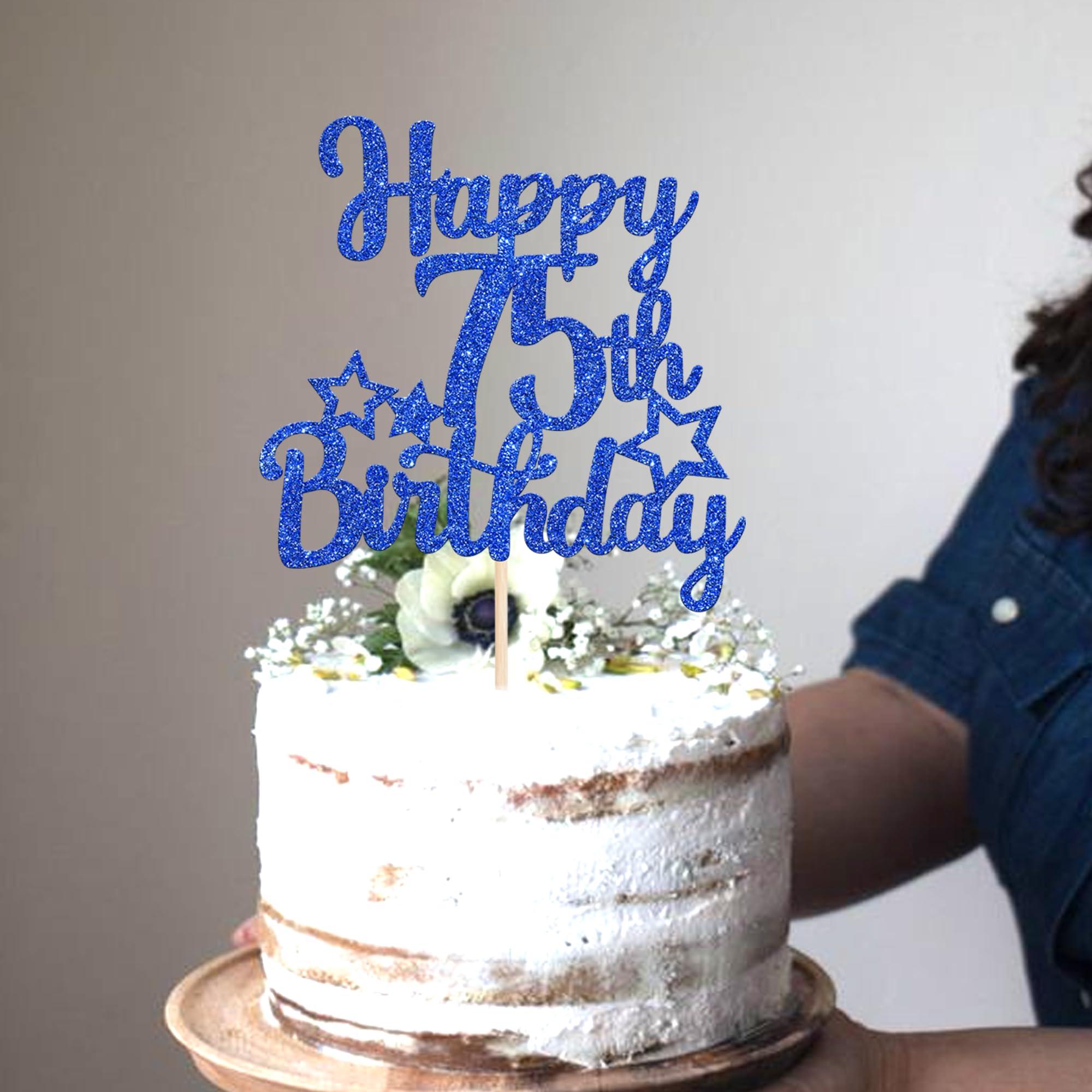 YCTHUNFISH 1 Pack Happy 75th Birthday Cake Topper Glitter Little Star 75 Fabulous Cake Pick Birthday Sign Cake Decorations for 75th Birthday Theme Party Supplies Dark Blue