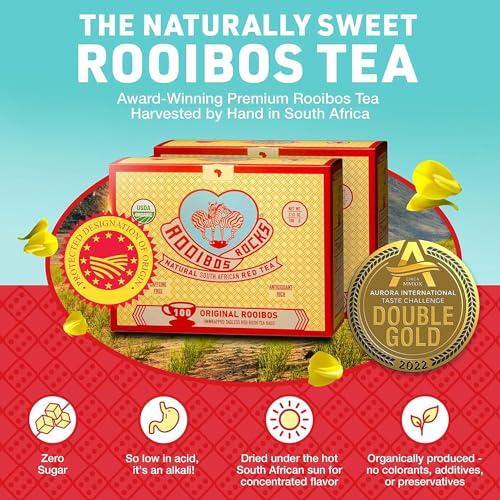 Rooibos Rocks Caffeine Free Tea Organic Rooibos Tea Bags 200 - Naturally Sweet Red Tea Safe for Children & Pregnant Women - Low Tannin, Premium Red Rooibos Tea Organic Sustainably & Ethically Farmed in South Africa